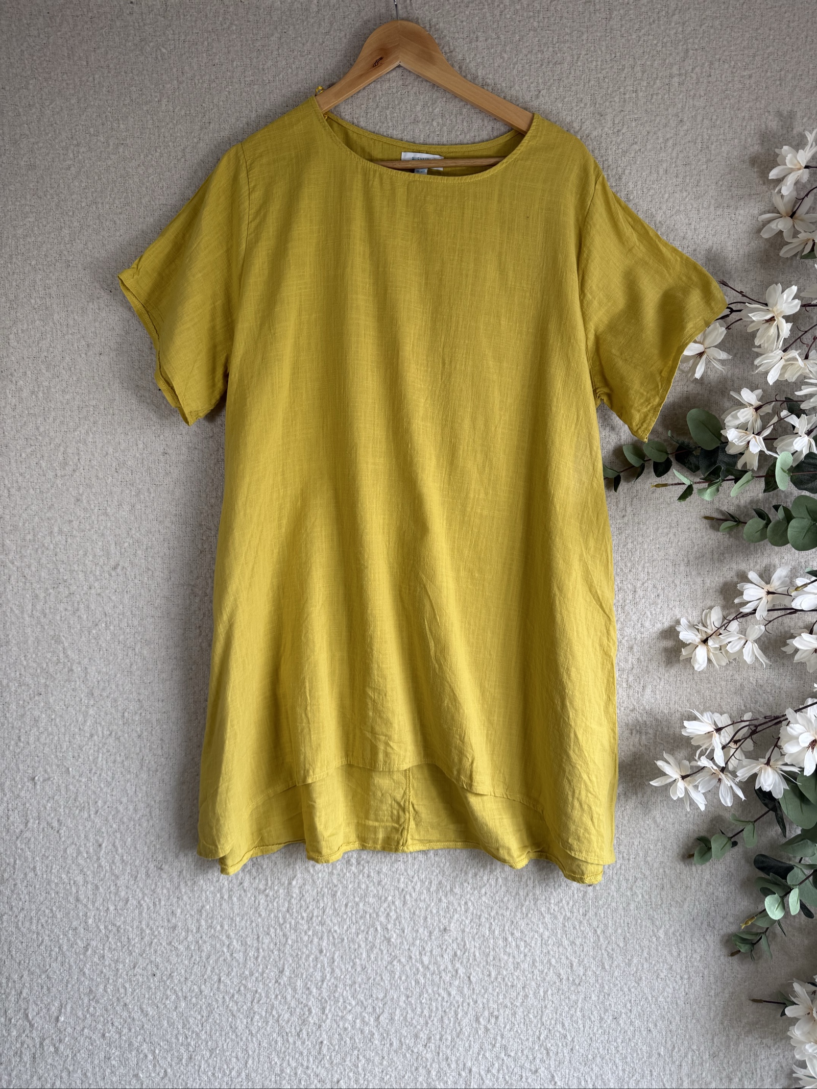 Blue Vanilla Mustard Yellow Cotton Short Sleeve Tunic Dress UK S/M Lightweight