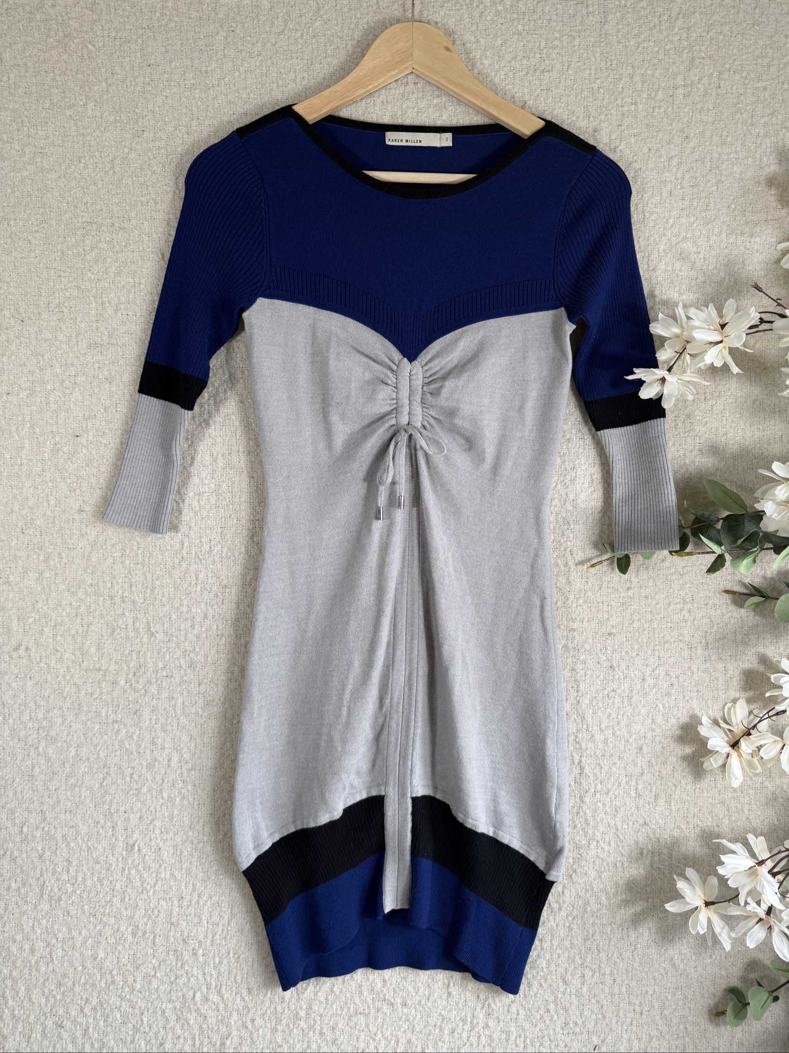 Karen Millen Blue & Grey Wool Blend Ribbed Midi Dress UK 10 Drawstring Detail