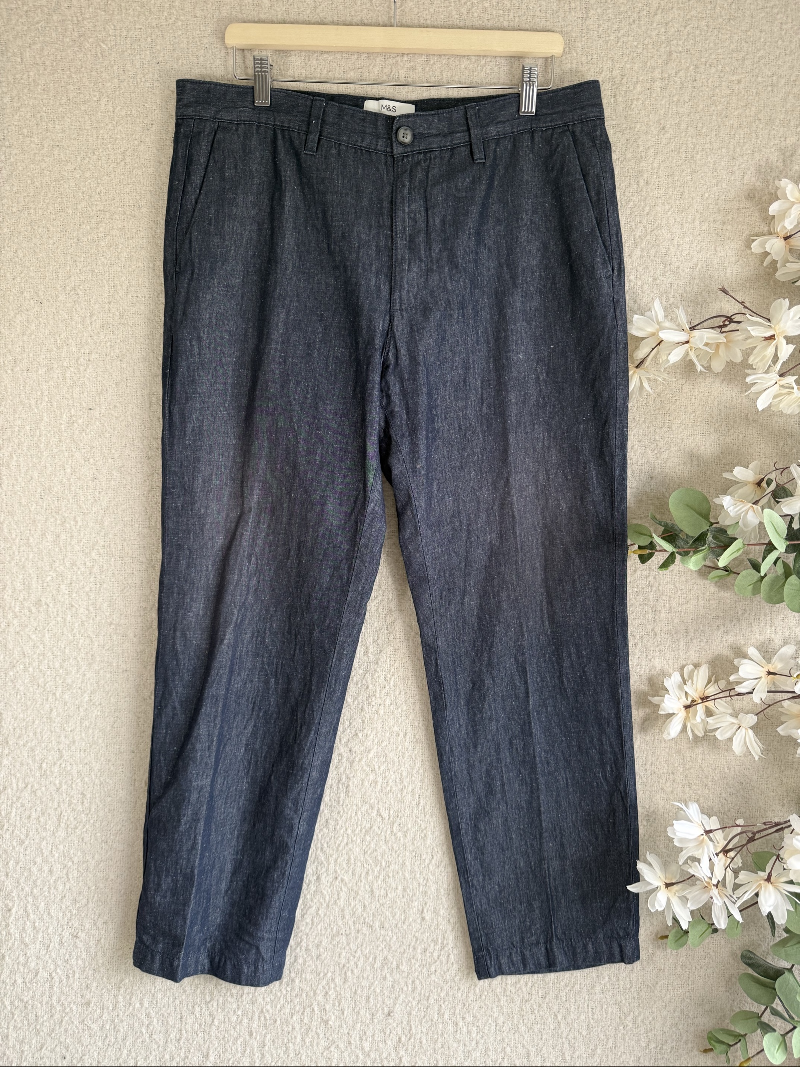 M&S Navy Blue Regular Fit Denim Trousers UK 36 Cotton Linen Blend Casual