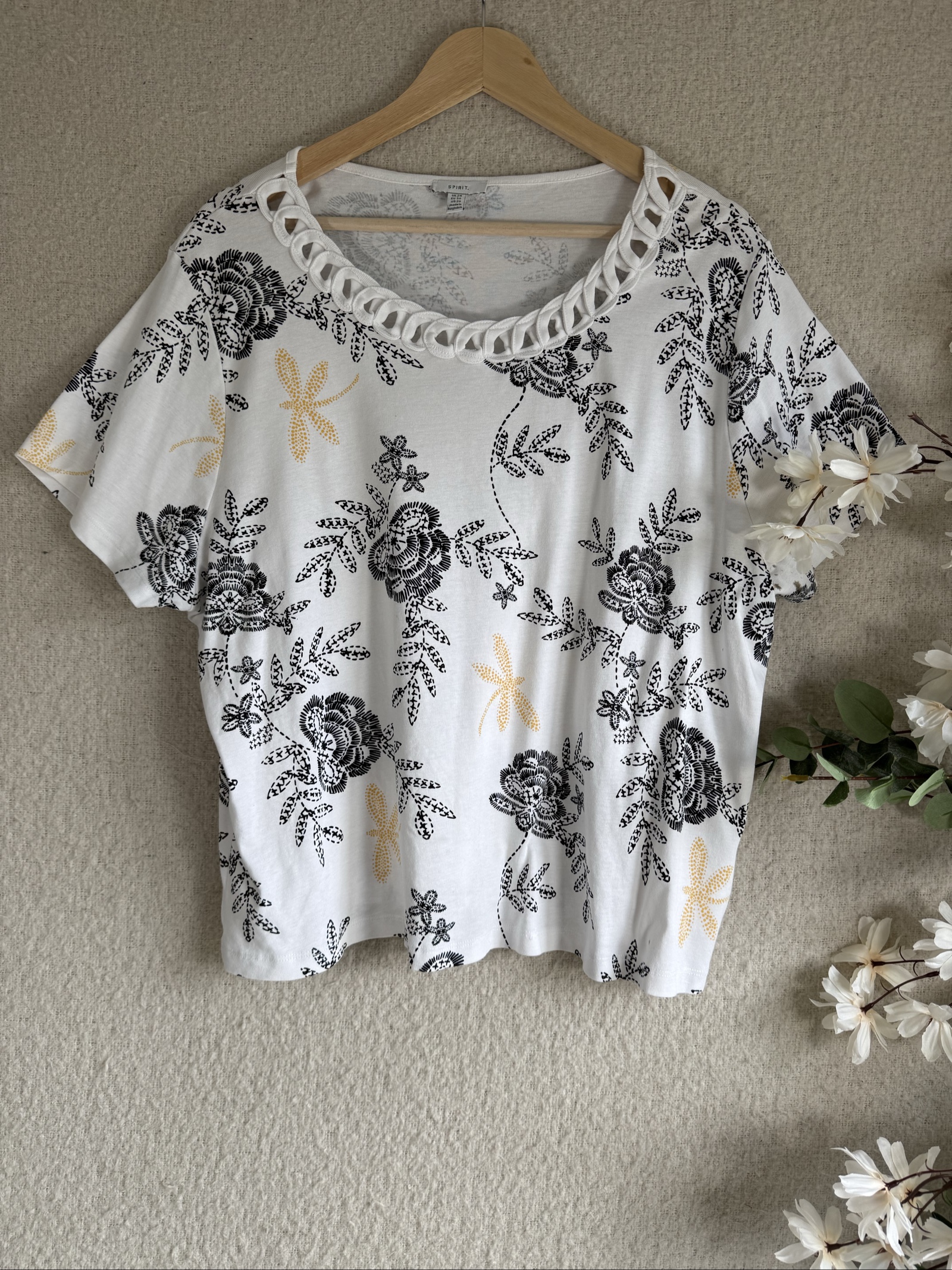 Spirit White Cotton Floral Print Top UK 24 Elegant Casual Short Sleeve