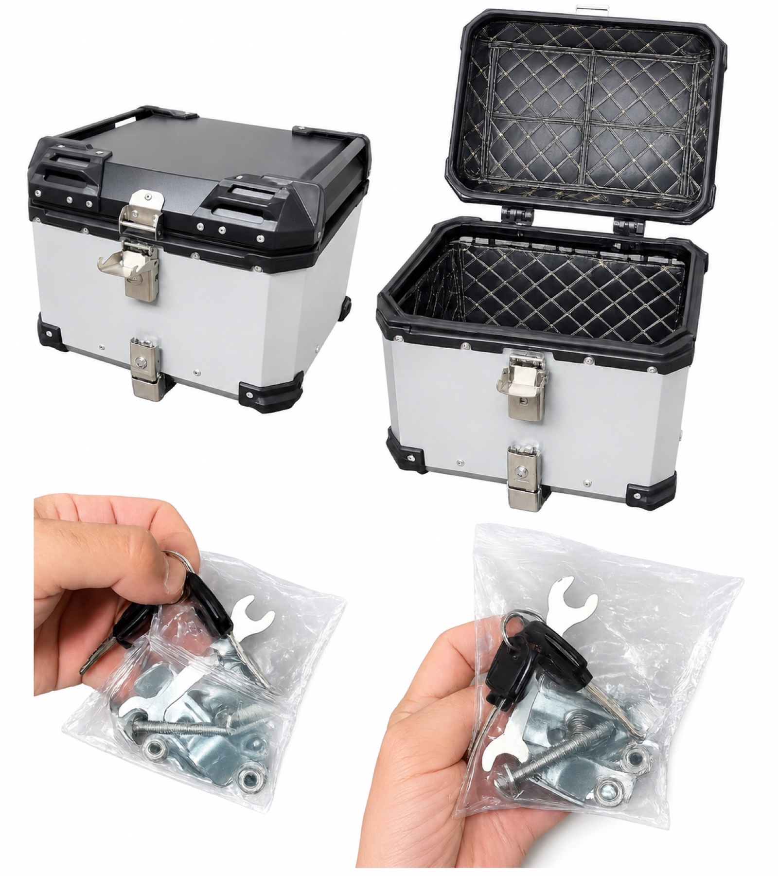 Silver & Black Motorcycle Top Box Luggage Storage Case with Keys