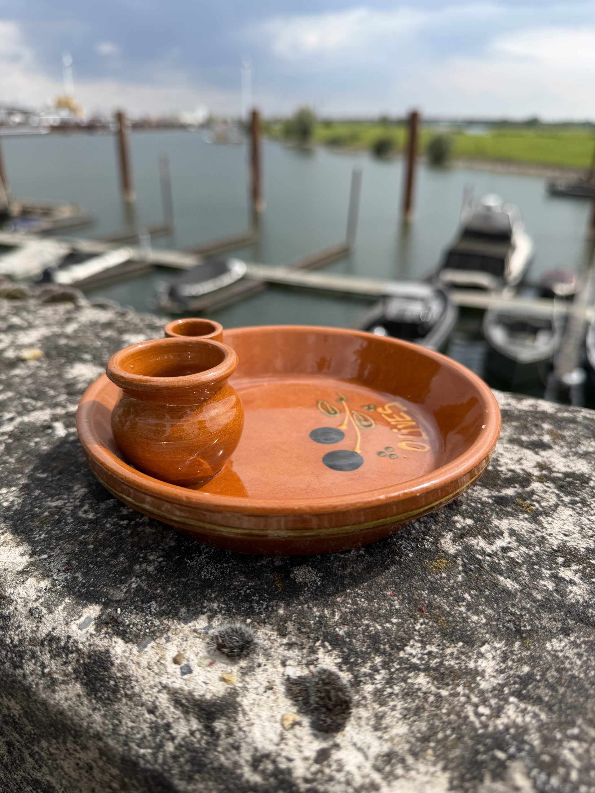 Mediterranean Brown Ceramic Olive Dish with Two Small Containers image 3