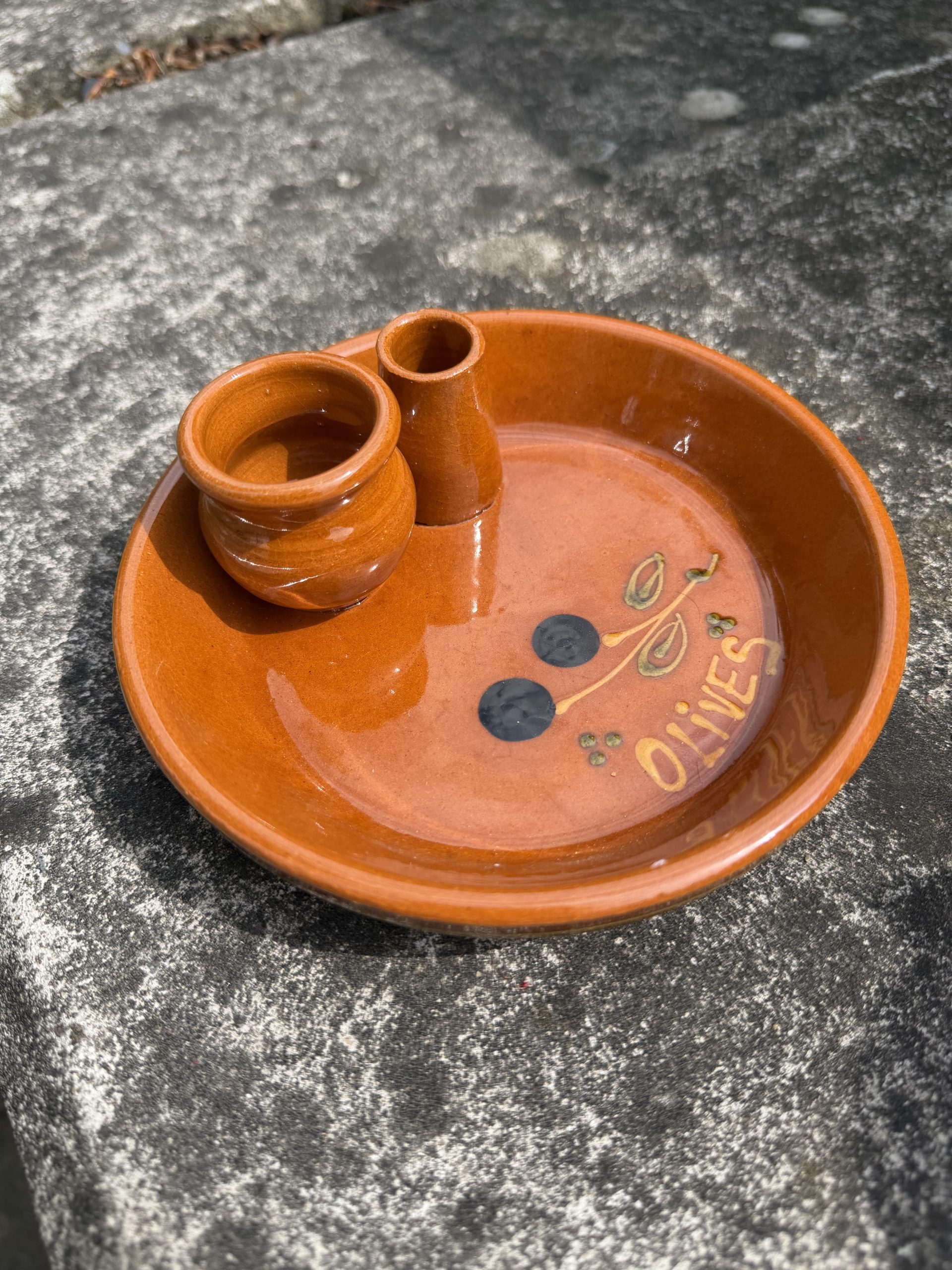 Mediterranean Brown Ceramic Olive Dish with Two Small Containers image 4