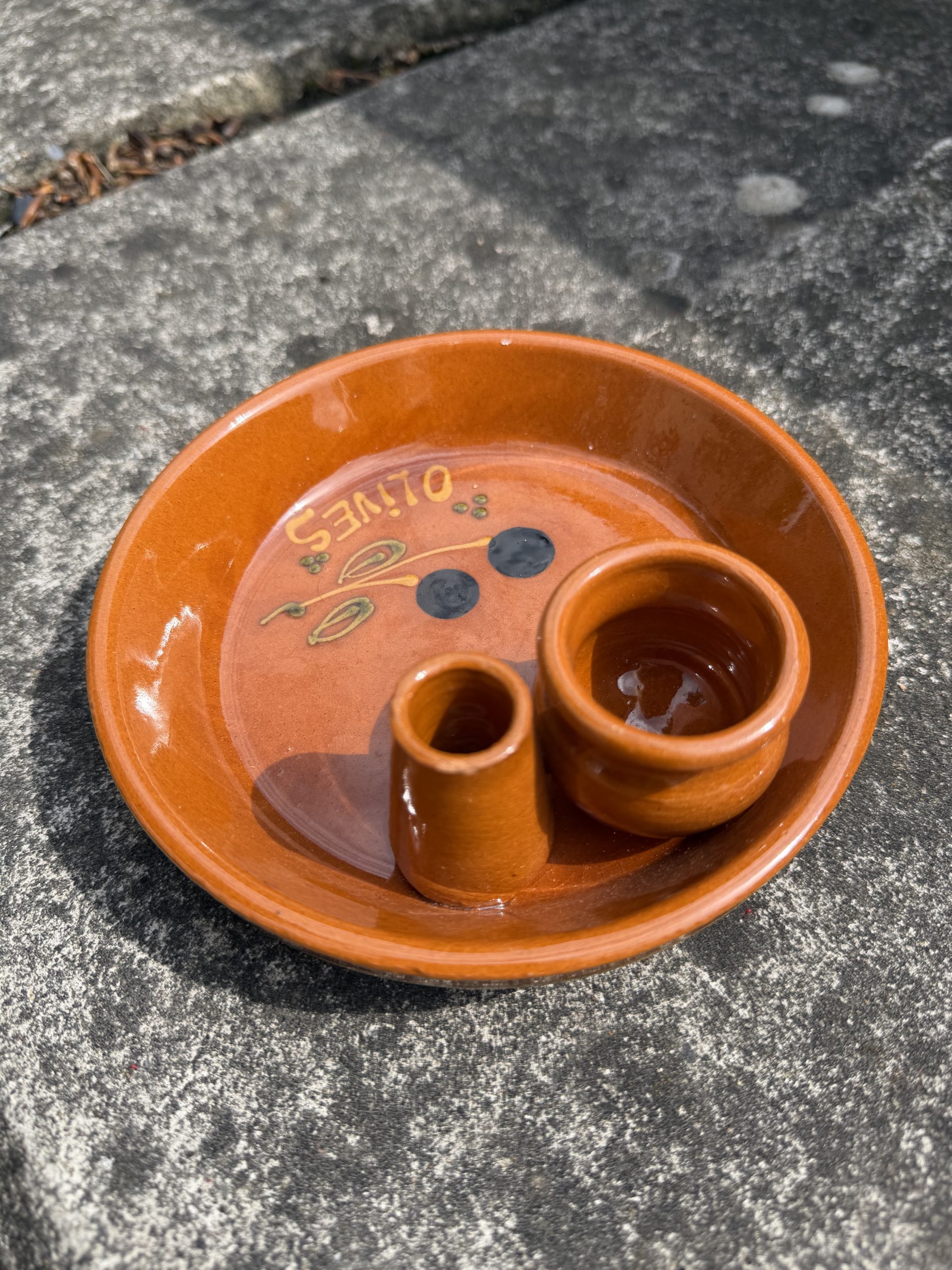Mediterranean Brown Ceramic Olive Dish with Two Small Containers image 5
