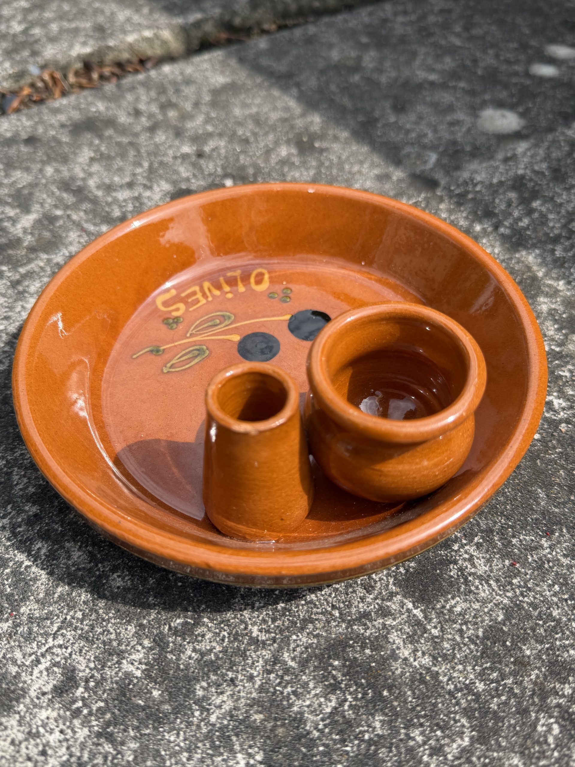 Mediterranean Brown Ceramic Olive Dish with Two Small Containers image 6