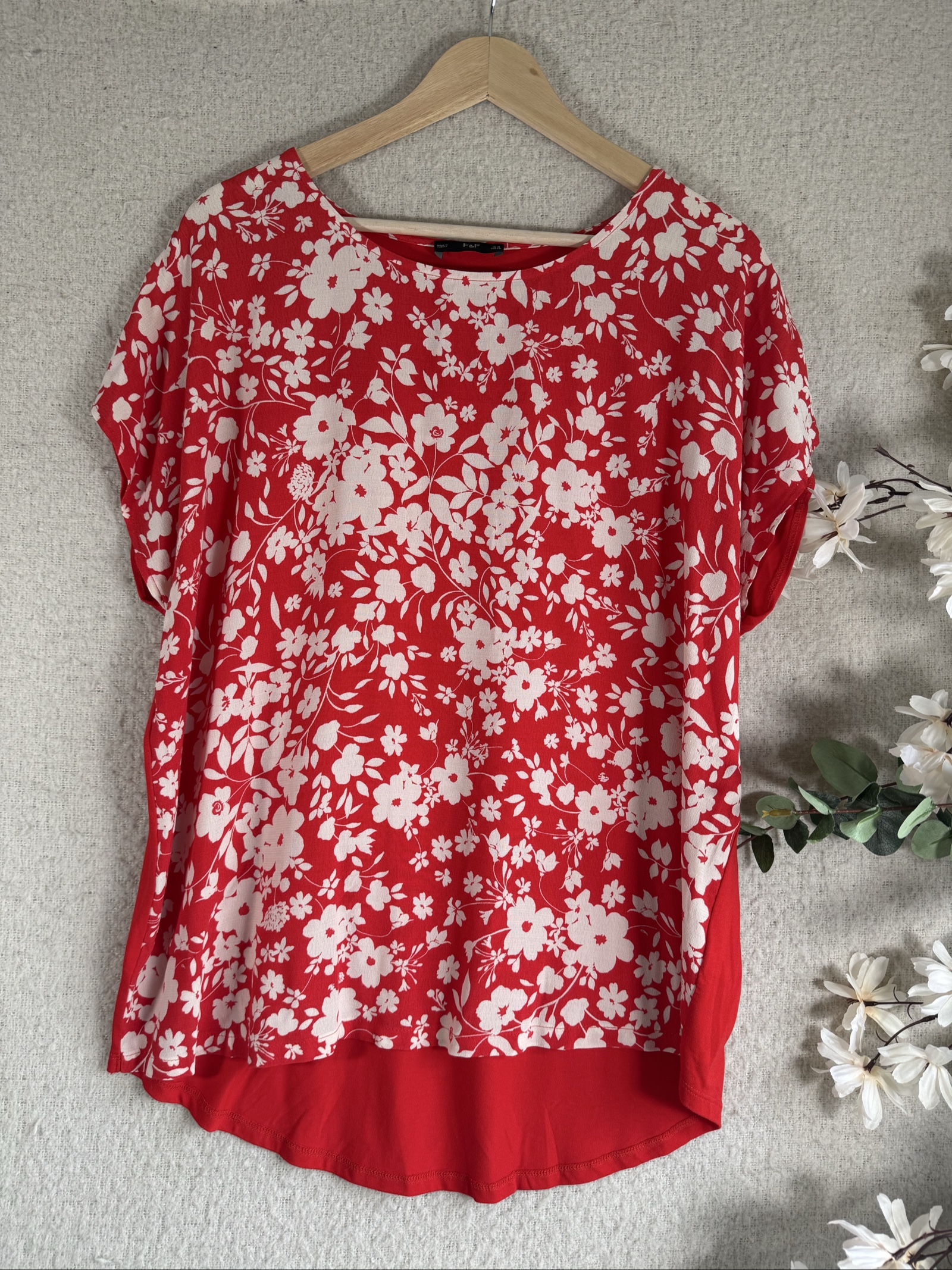 F&F Red & White Floral Cotton Blend Casual Tunic Top UK 18 Relaxed Fit