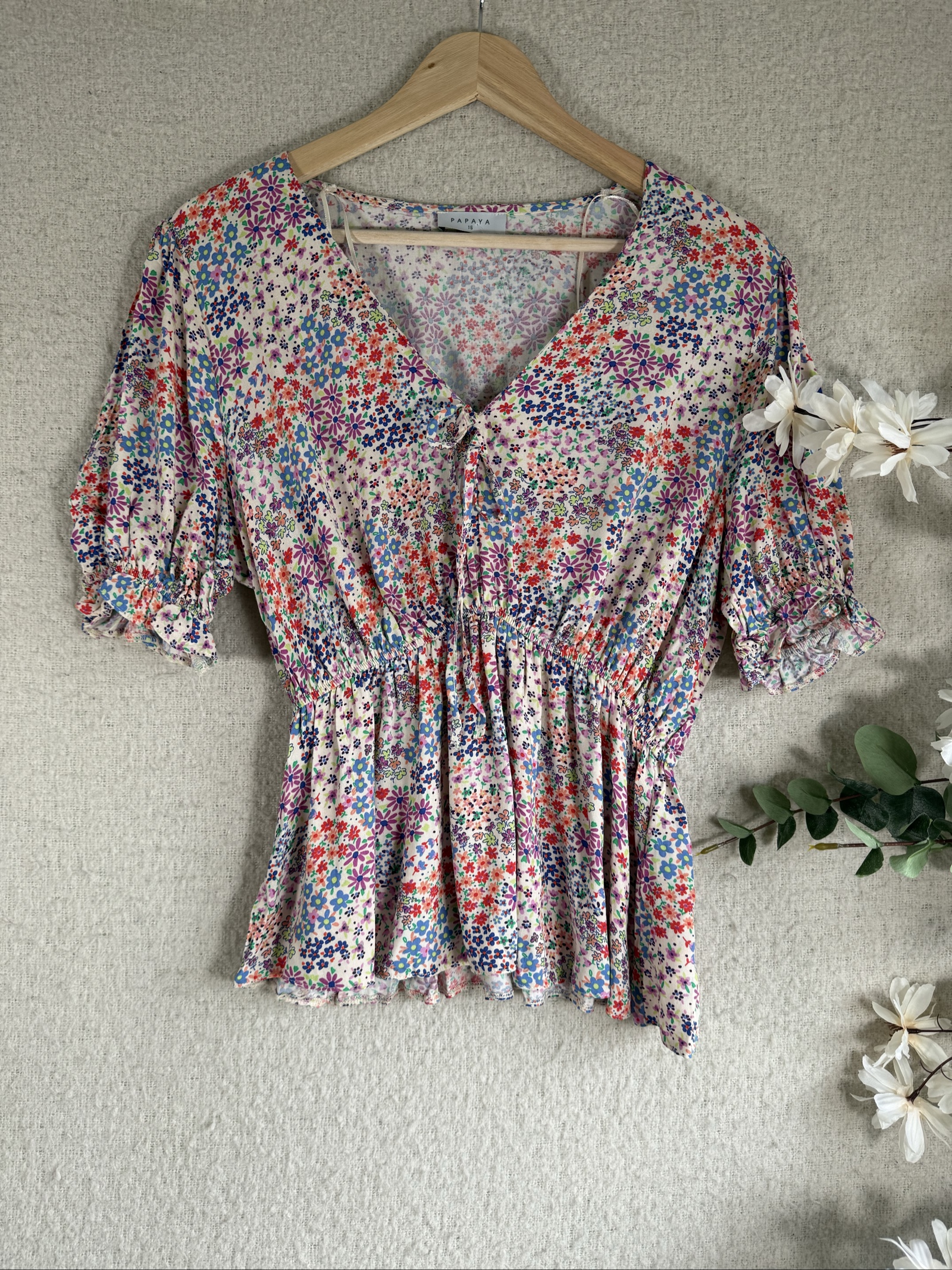 Papaya Multi Floral Print Viscose Top UK 16 Lightweight Summer Blouse