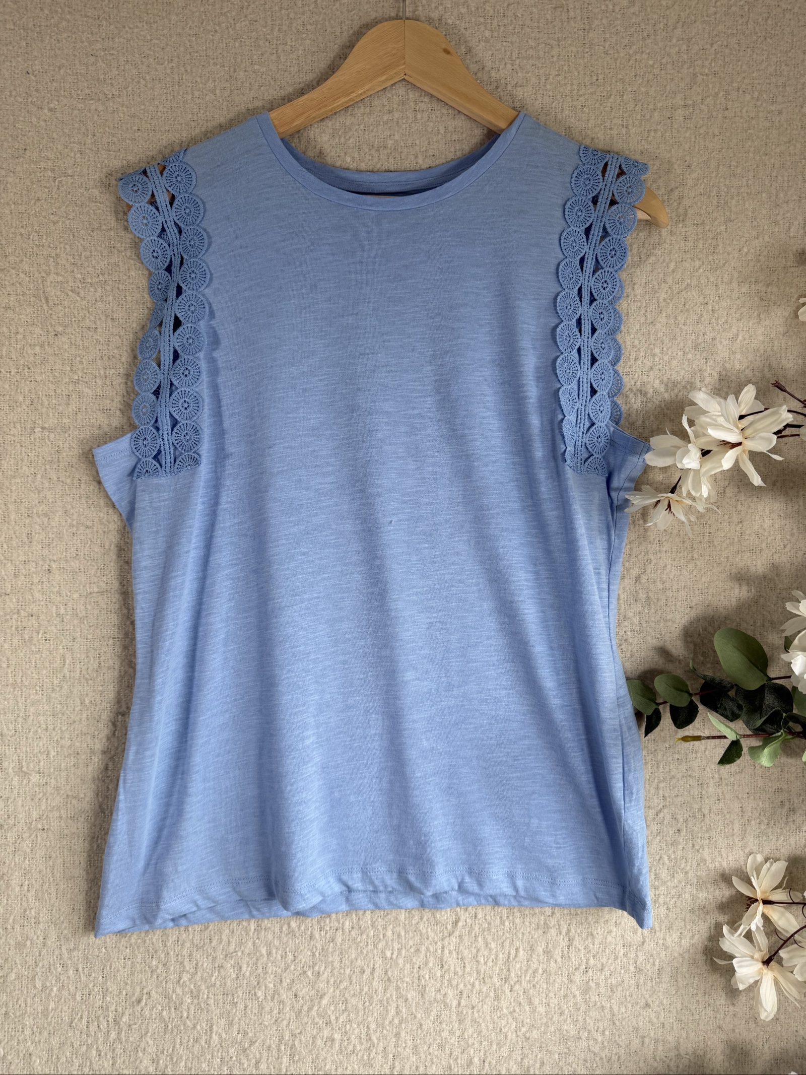 Papaya Light Blue Cotton Sleeveless Top UK 12 Crochet Detail Summer Casual