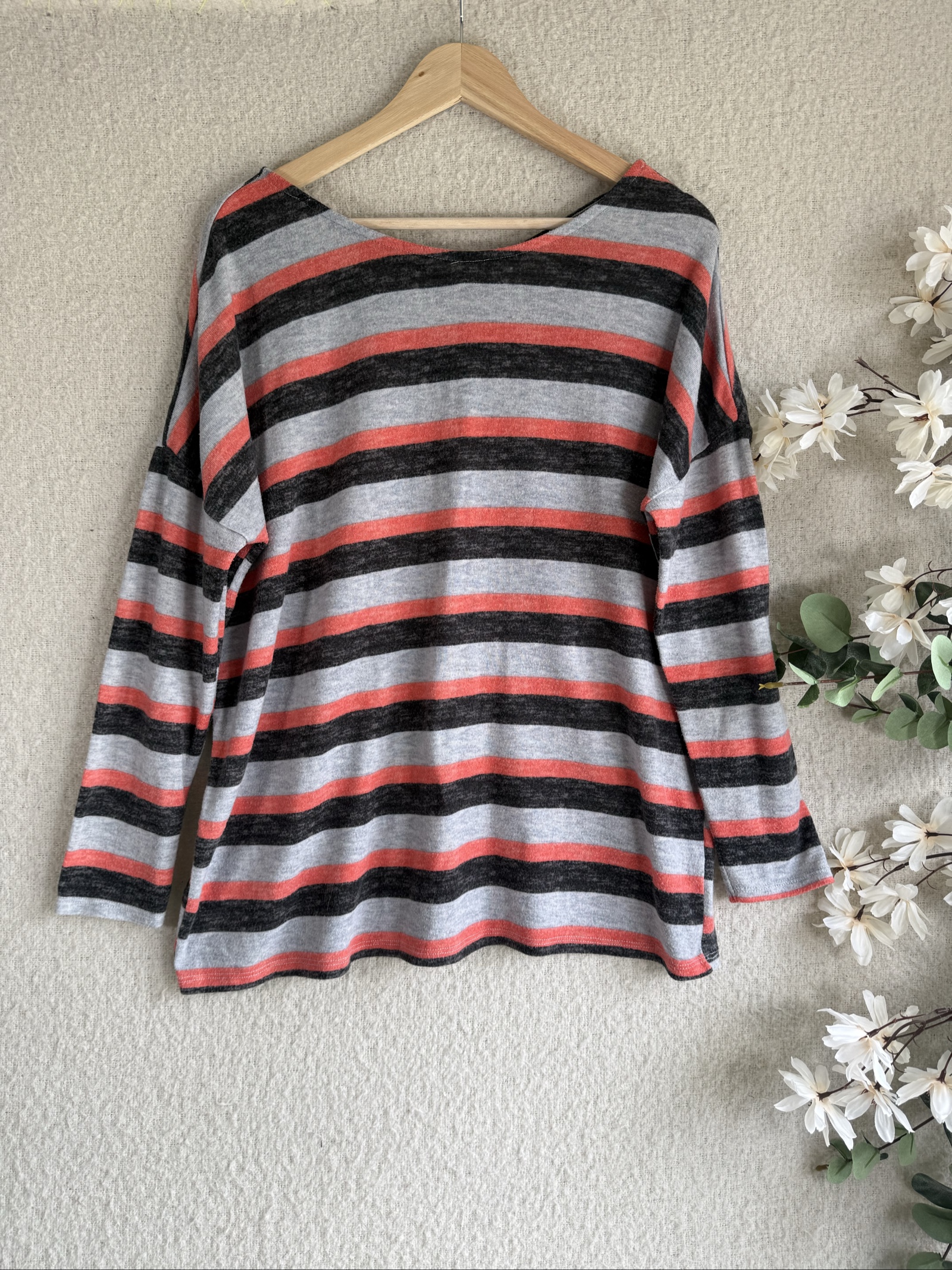 Pep & Co Grey Black Coral Striped Polyester Elastane Jumper UK 14 Criss Cross Back