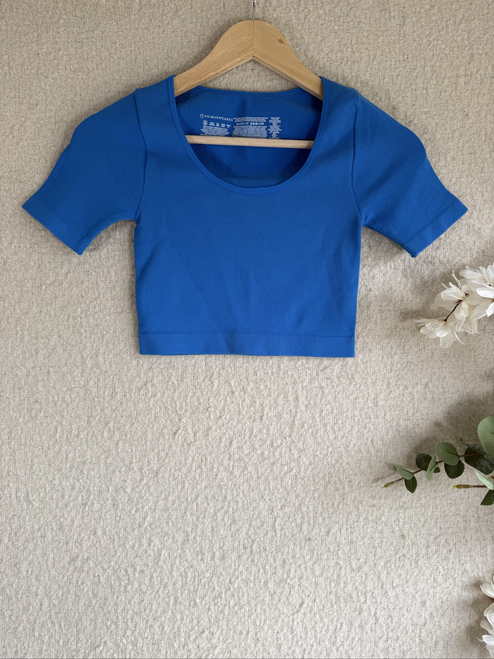 Primark Blue Ribbed Nylon Elastane Crop Top UK 10 Scoop Neck Stylish Fit