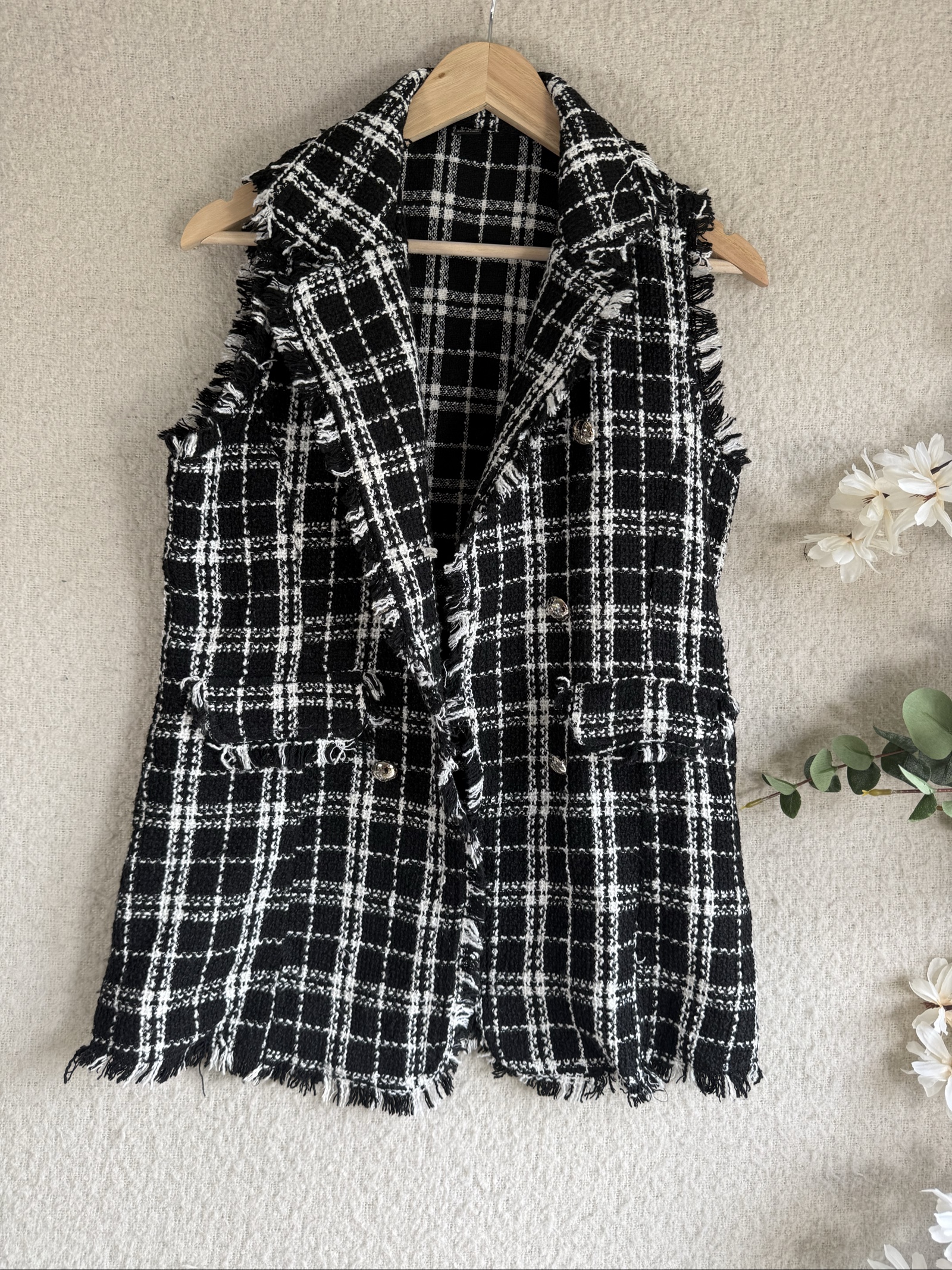 Shein Black & White Check Tweed Frayed Edge Sleeveless Blazer UK Small