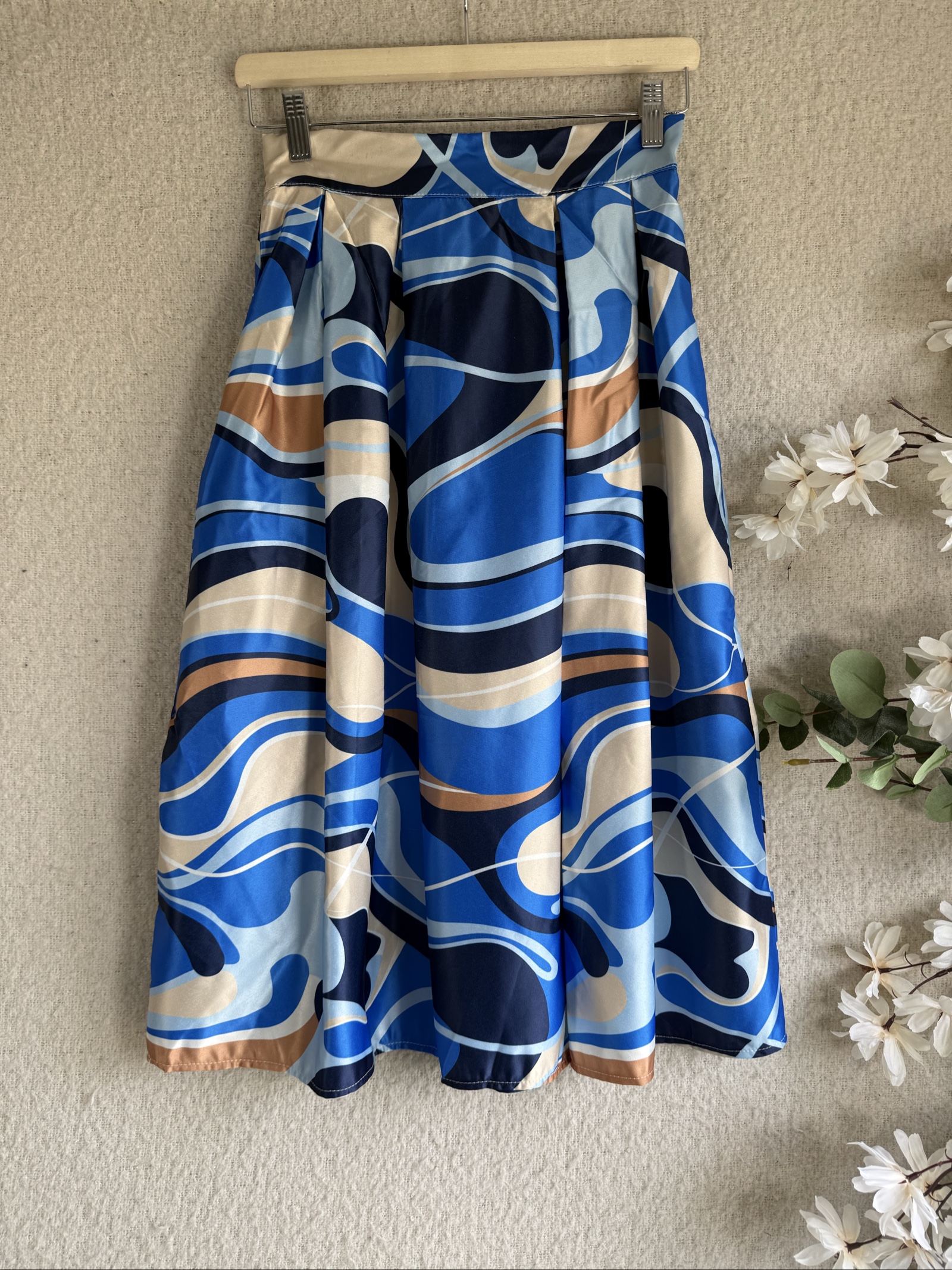 Vanis Blue Multi Colour Abstract Printed Midi Skirt UK 10 Elastic Waist