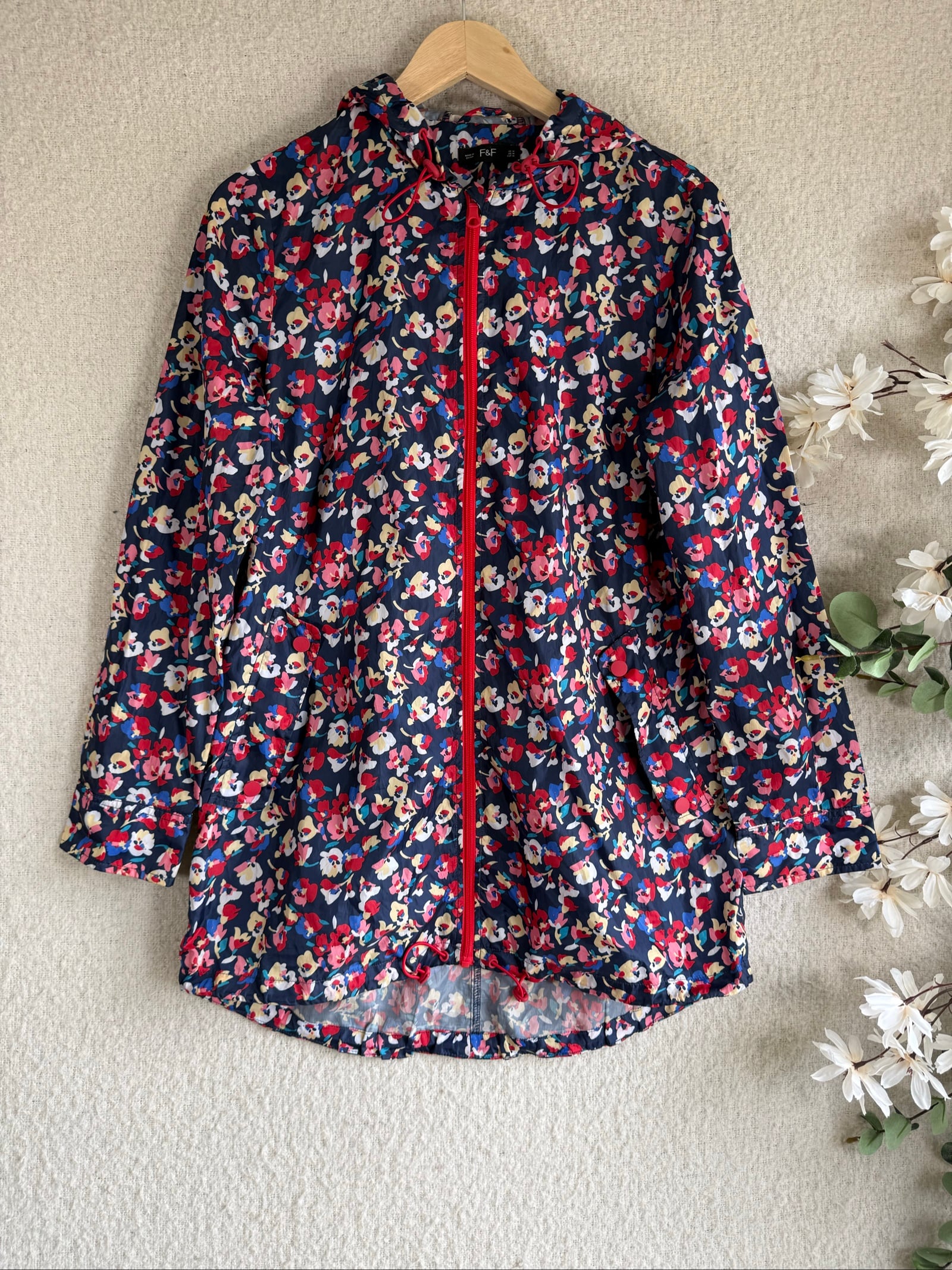 F&F Navy Floral Print Lightweight Hooded Raincoat Jacket UK Medium Stylish