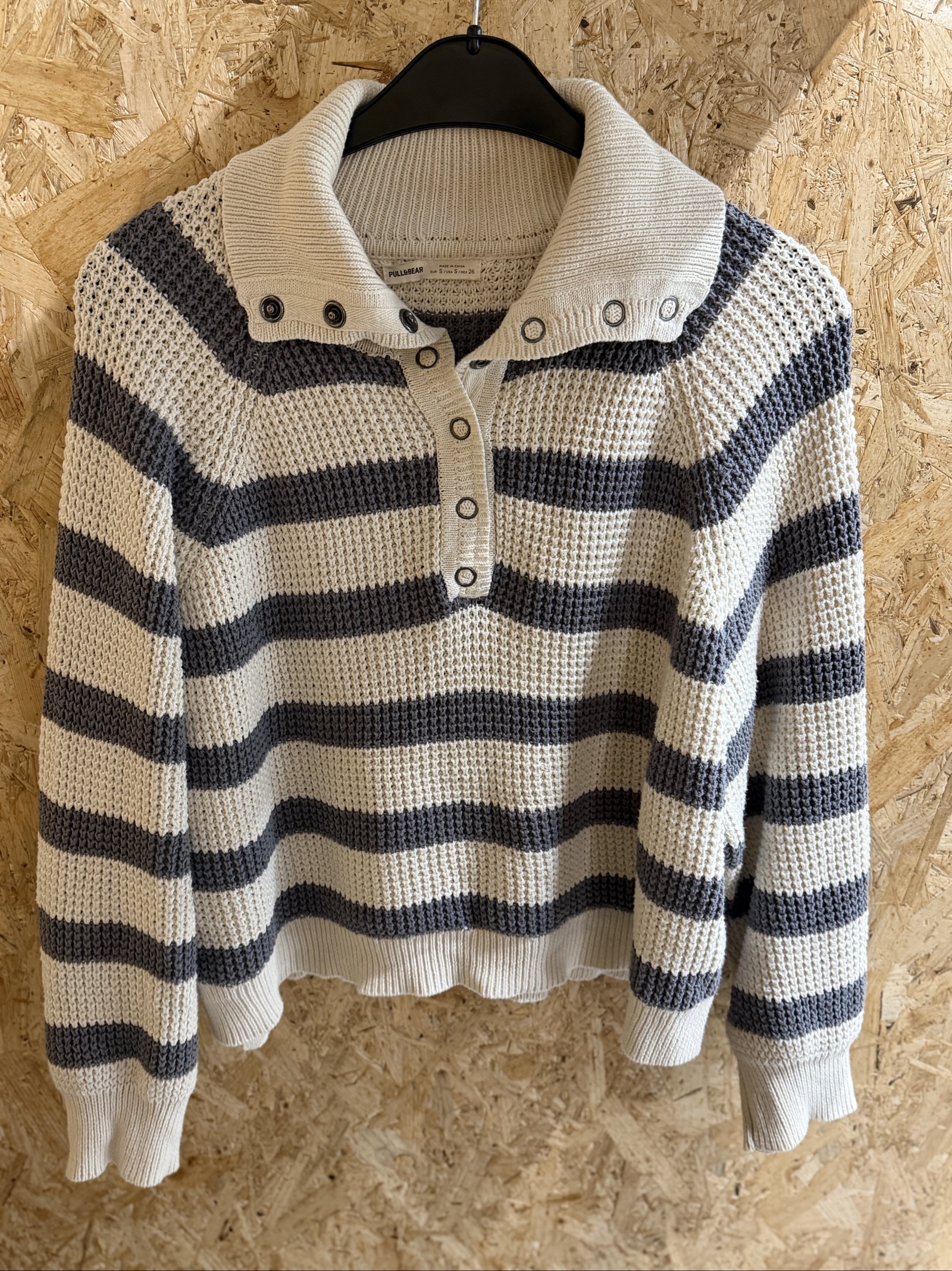 Pull&Bear Cream &Grey Striped Knit Sweater Small Cotton Blend