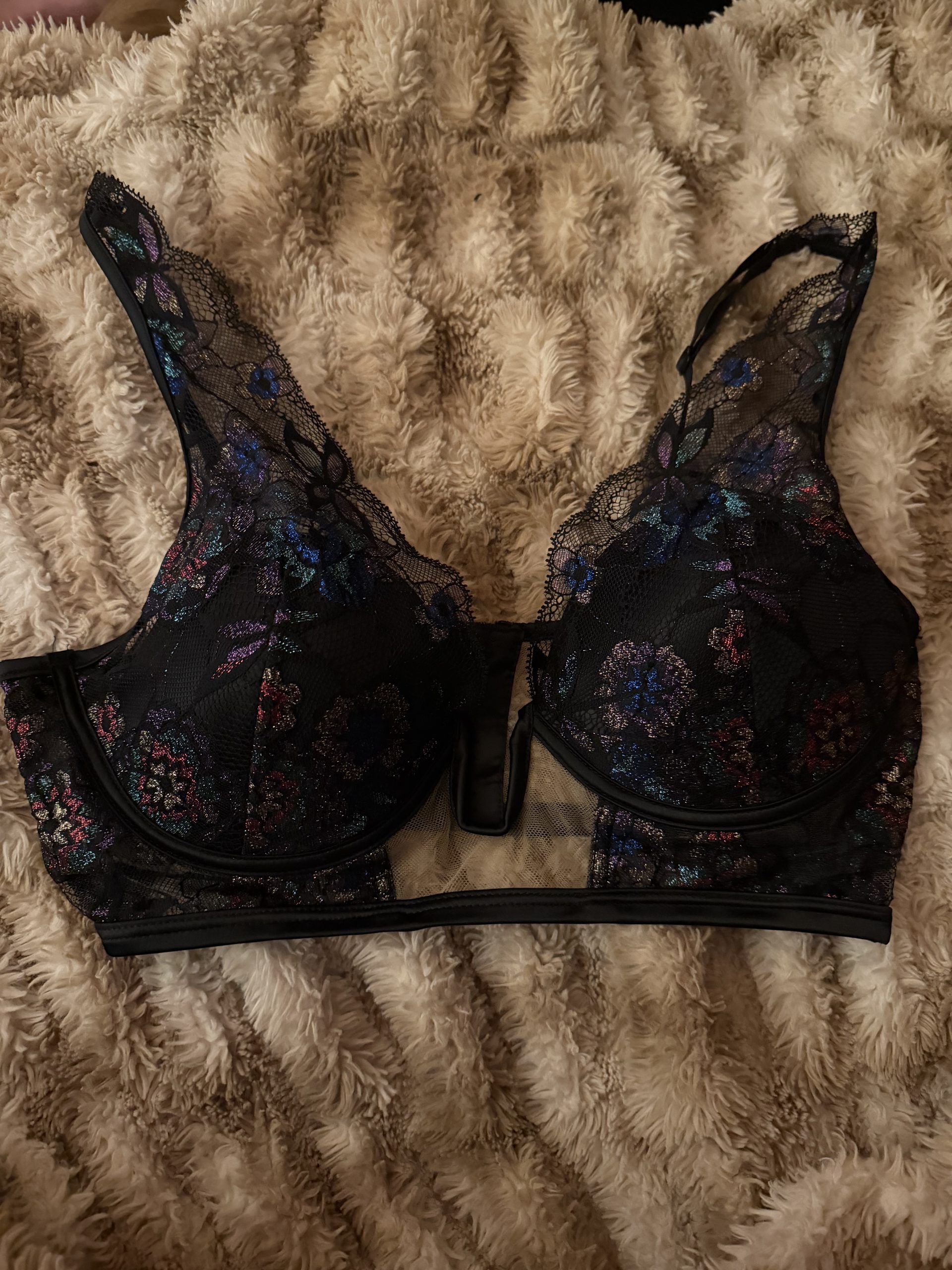 Prelude Black Floral Lace Underwire Bra Size L Sheer Mesh