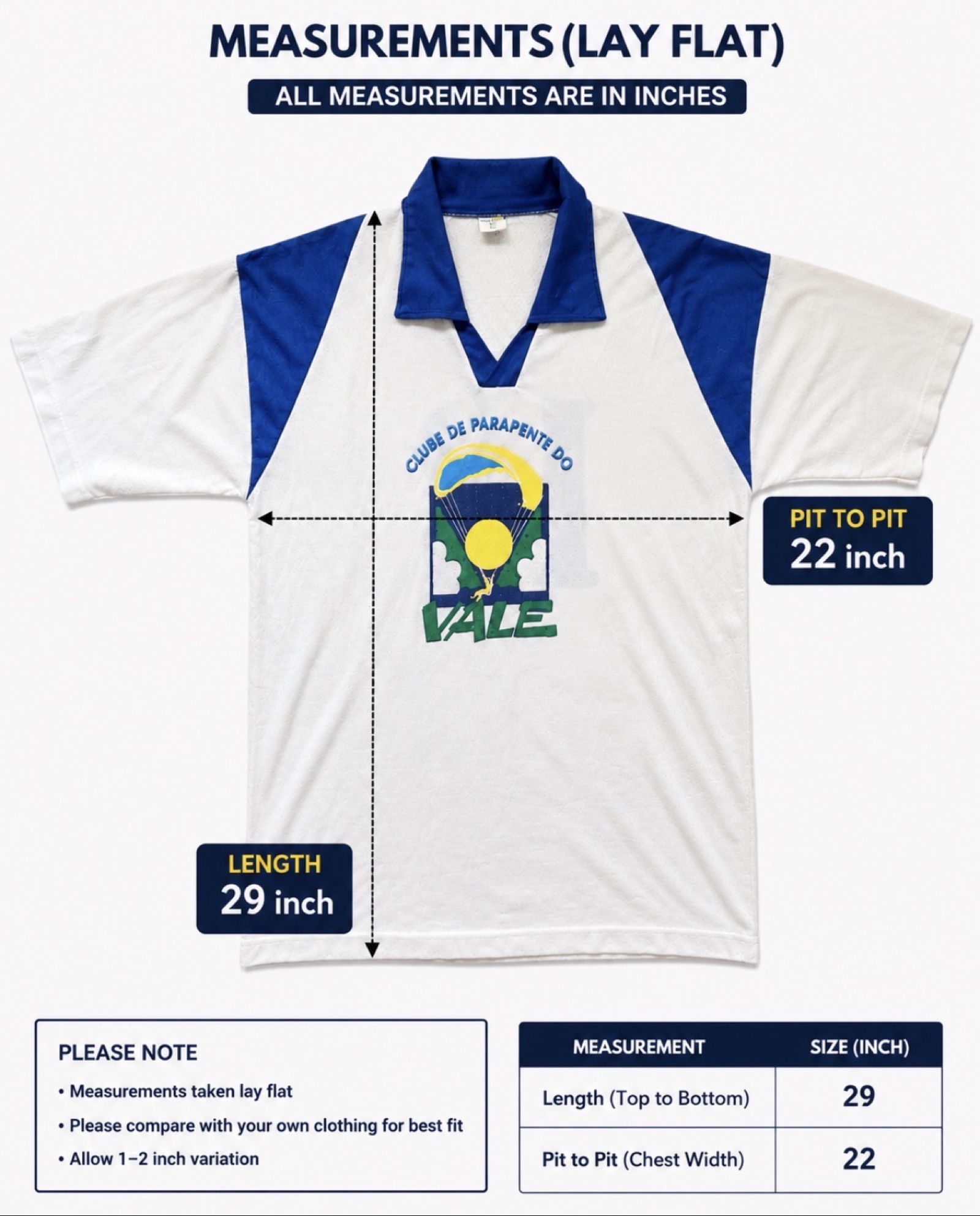 Club de Parapente Do Vale White & Blue Paraglider Polo Shirt 22" Pit to Pit 29" Length