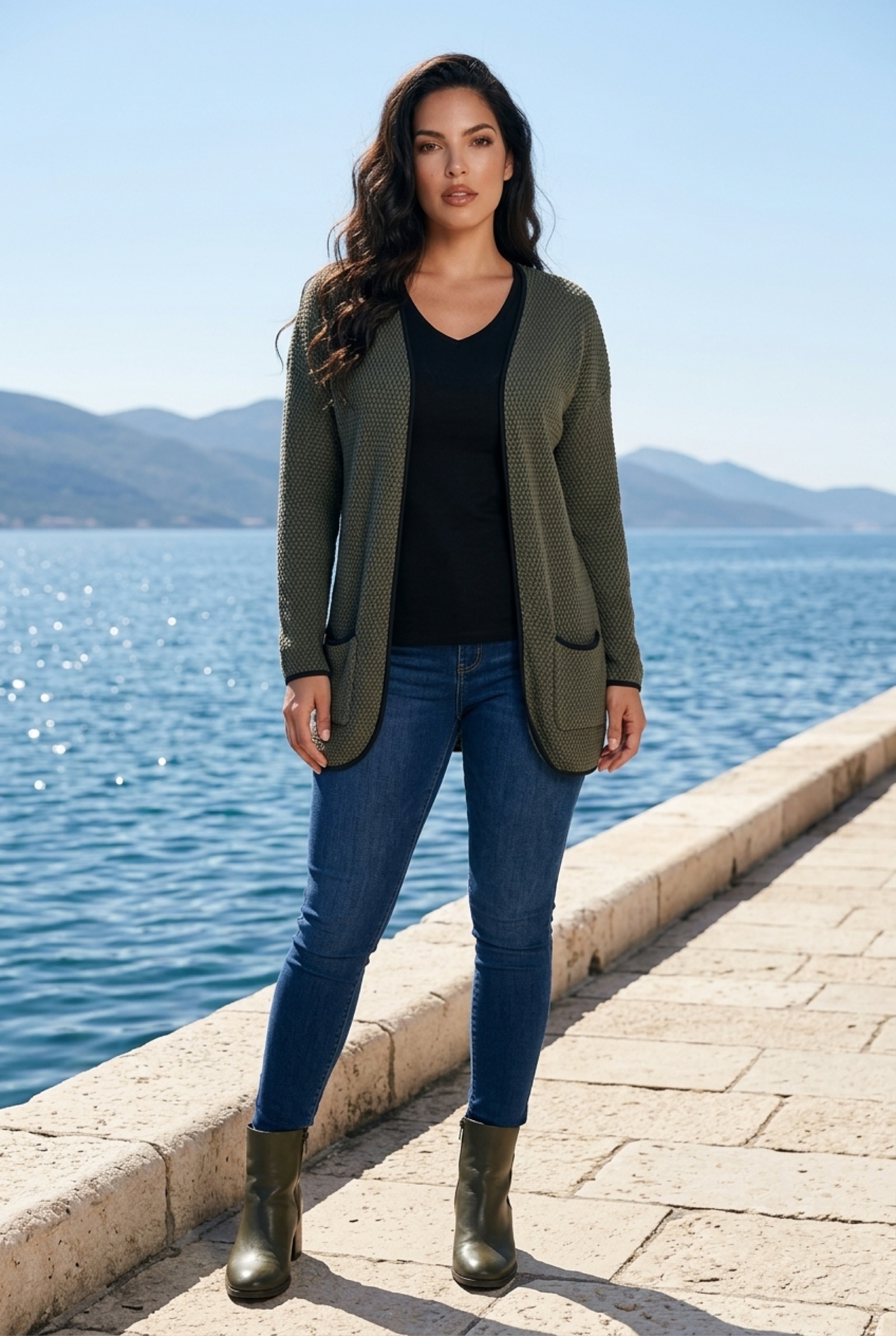Only Olive Green Knit Cardigan XS Open Front Pockets