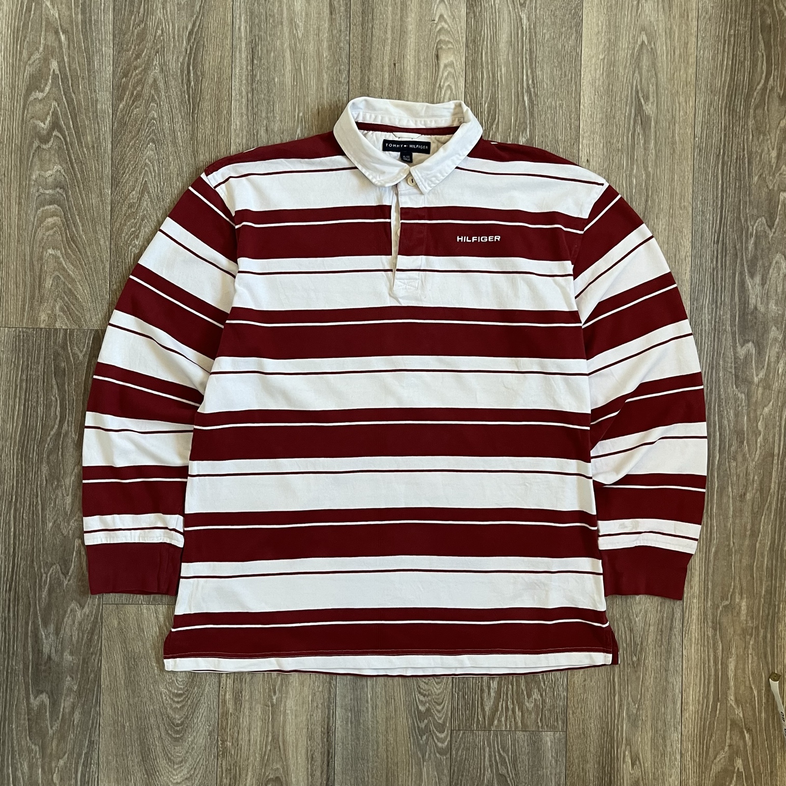 Vintage Tommy Hilfiger Red & White Striped Rugby Shirt Mens XL Preppy Y2K