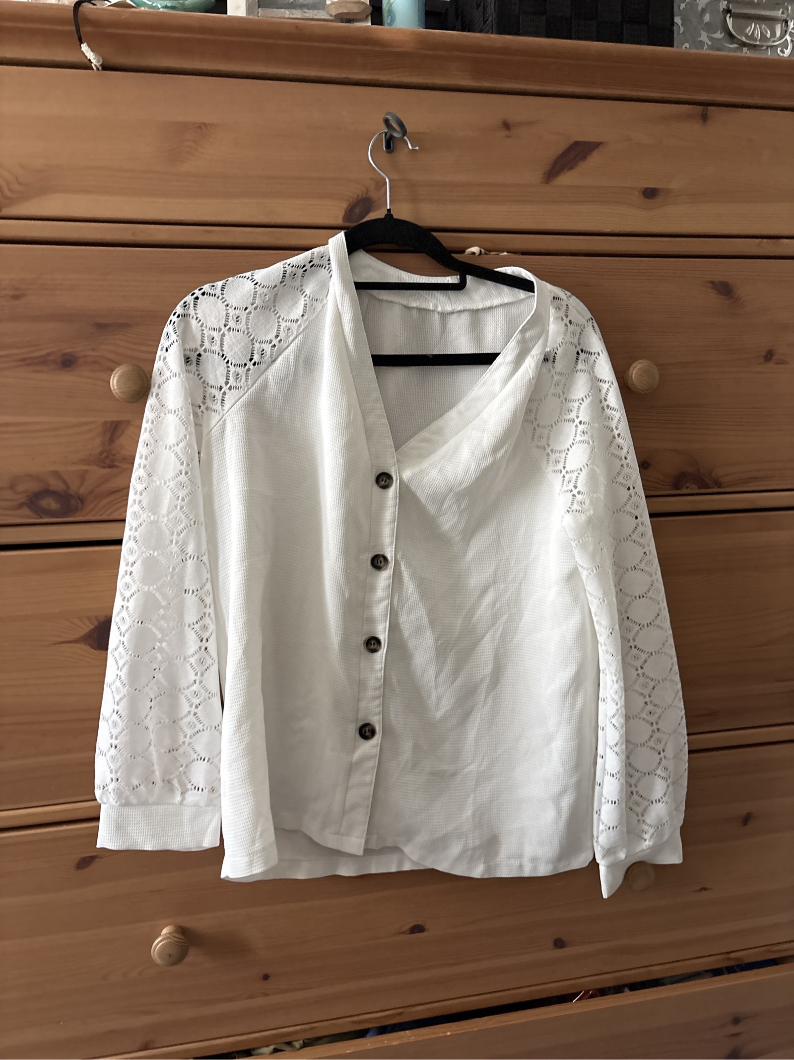 White Lace Sleeve Button Front Blouse Medium