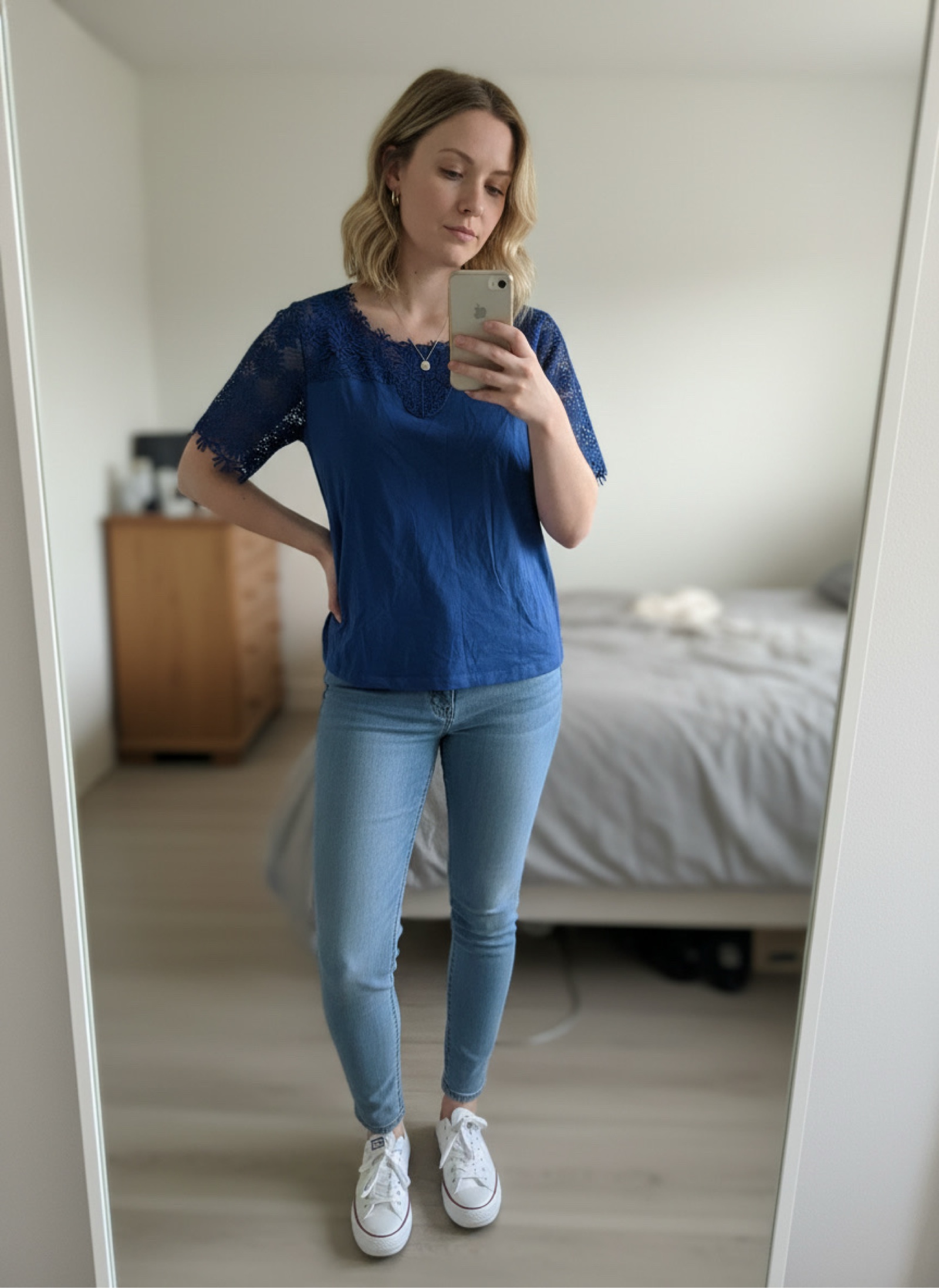 H&M Blue Lace Sleeve Casual Top Medium