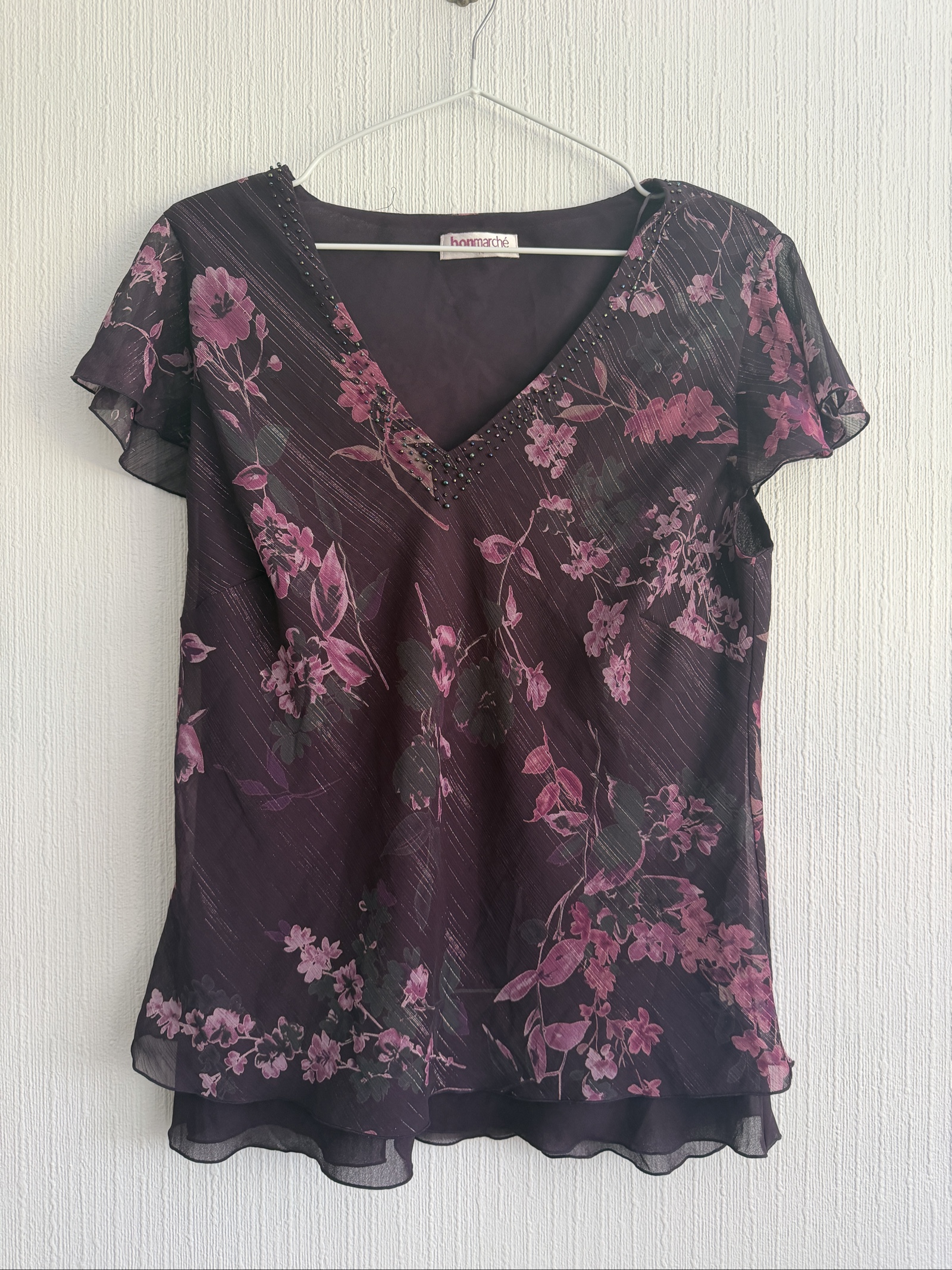 Bonmarché Fairycore Floral Beaded Top Purple Pink Mesh Overlay UK 14 image 4