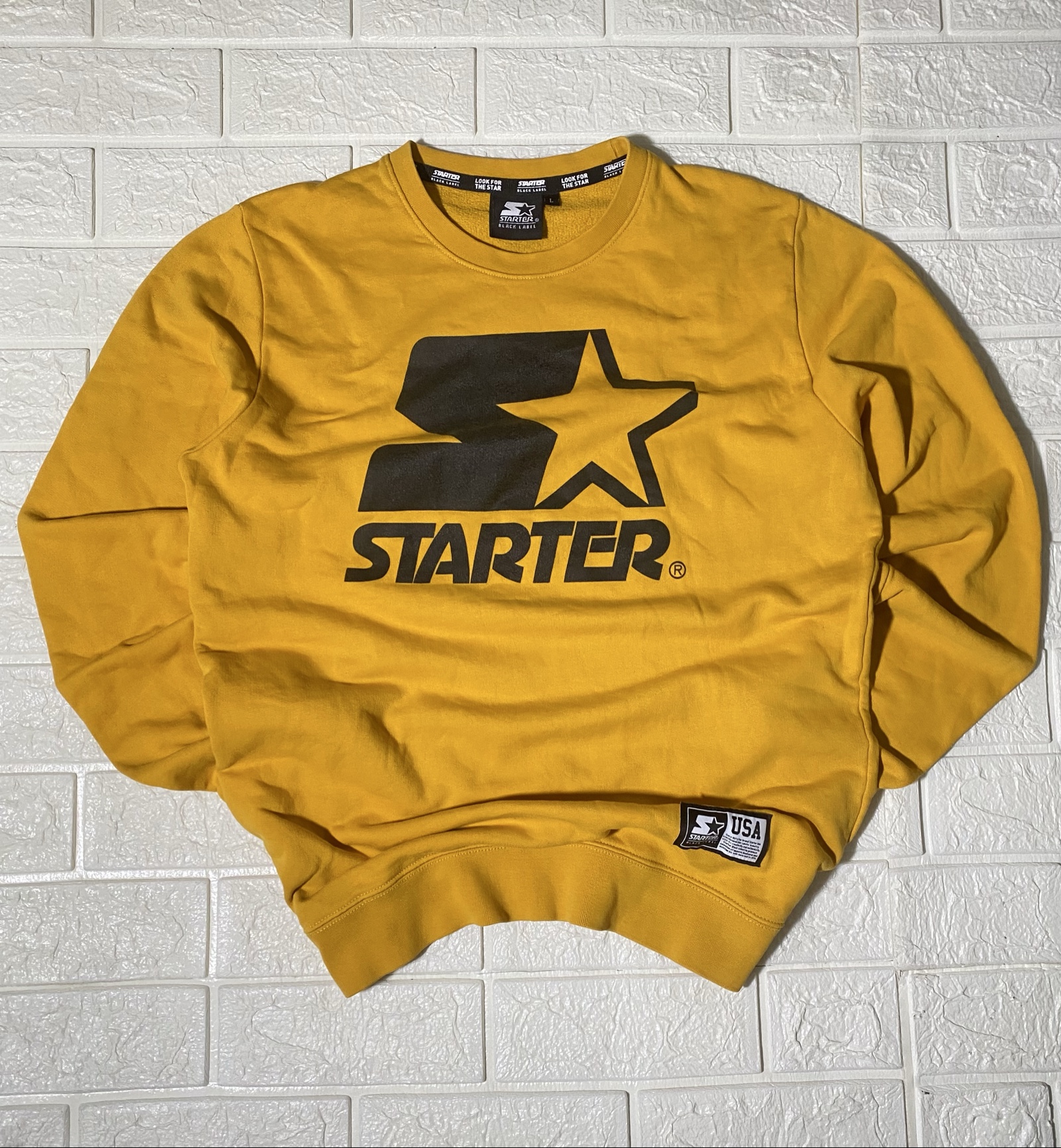 Starter Yellow Black Logo Sweatshirt Large 100% Cotton Made in Italy