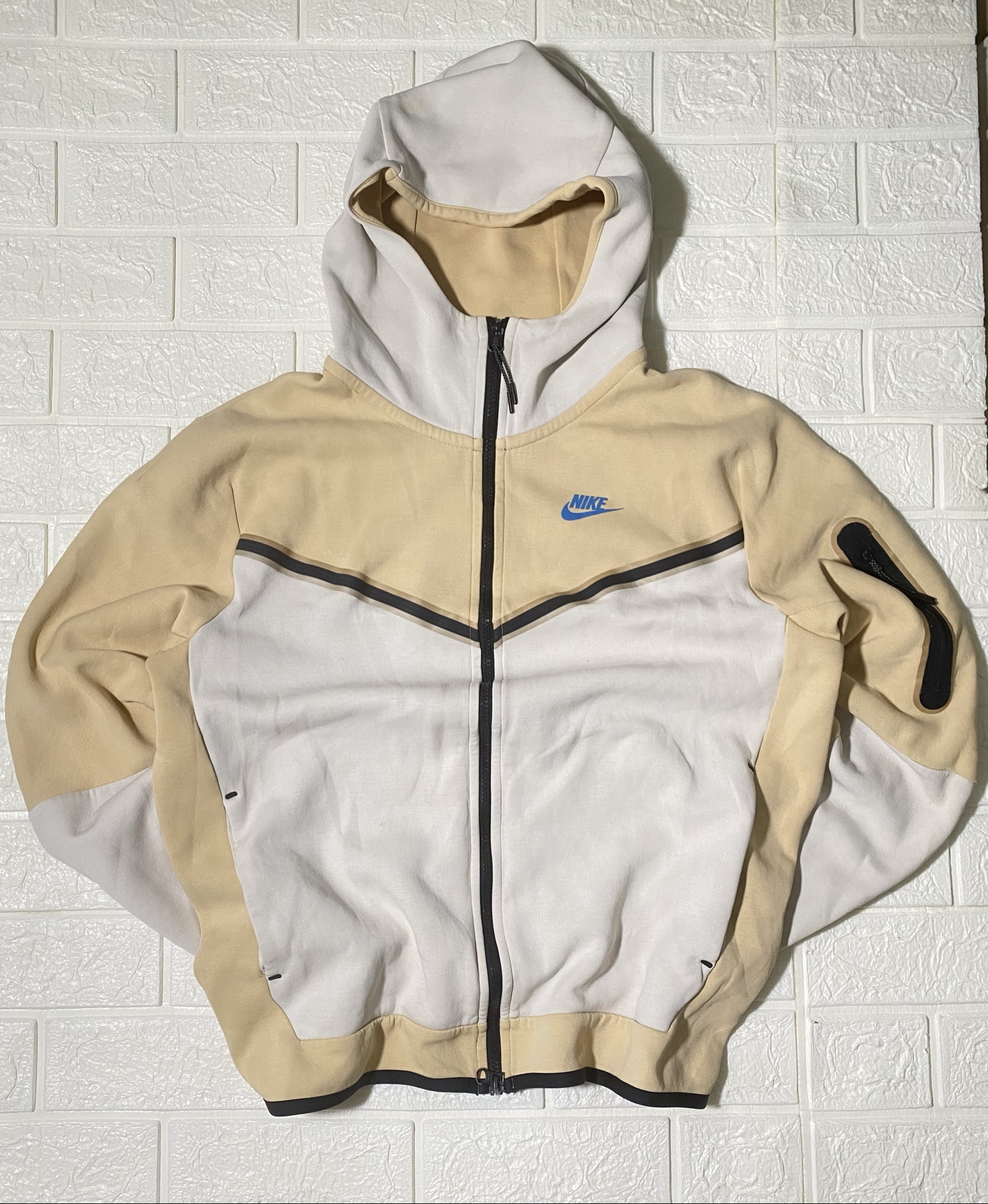 Felpa Nike Beige & White Full Zip Hoodie Medium Cotton Blend