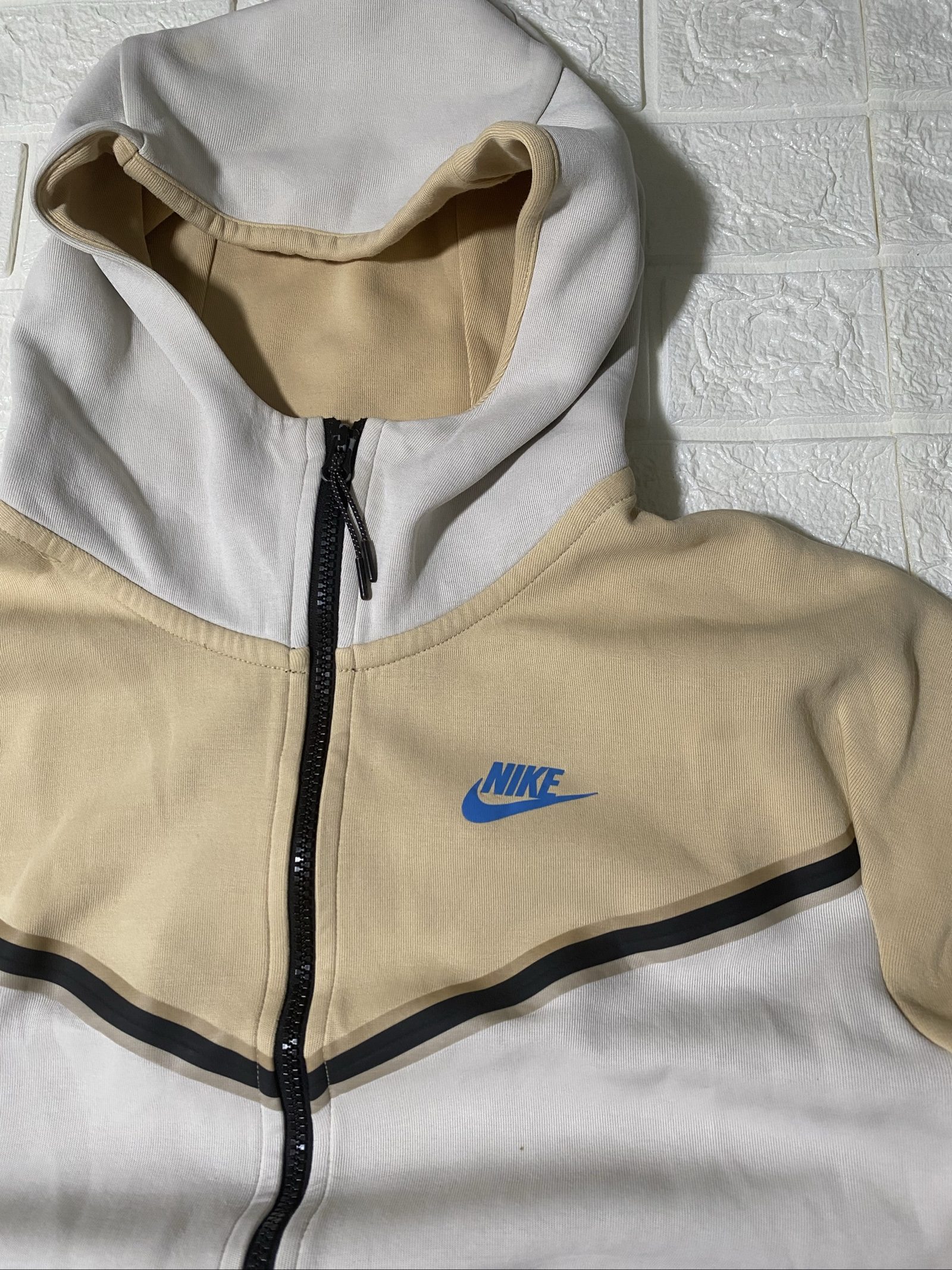 Felpa Nike Beige & White Full Zip Hoodie Medium Cotton Blend image 2