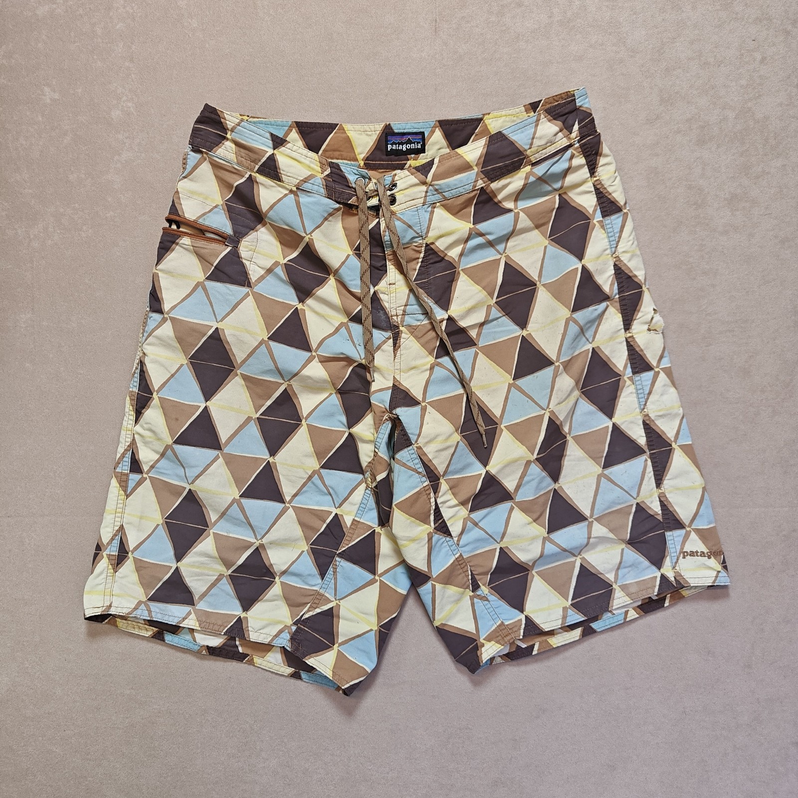 Patagonia Brown Blue & Beige Geometric Board Shorts Medium