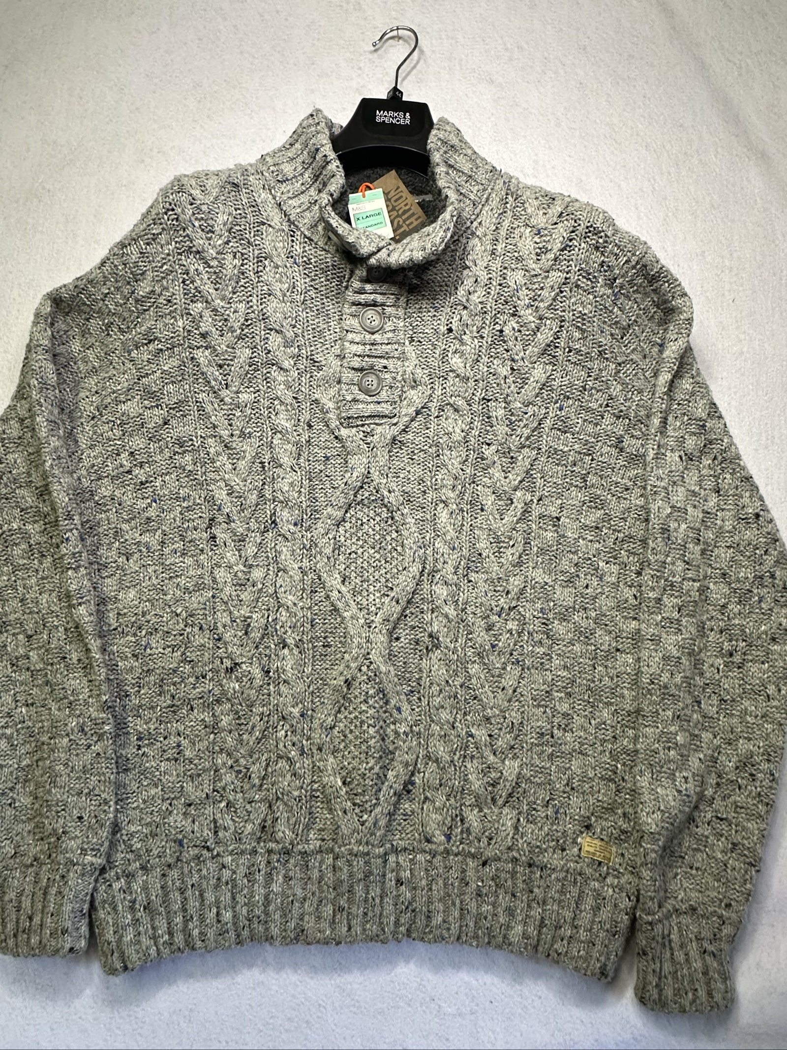 Marks and Spencer North Coast Grey Cable Knit Button Neck Sweater XL Men
