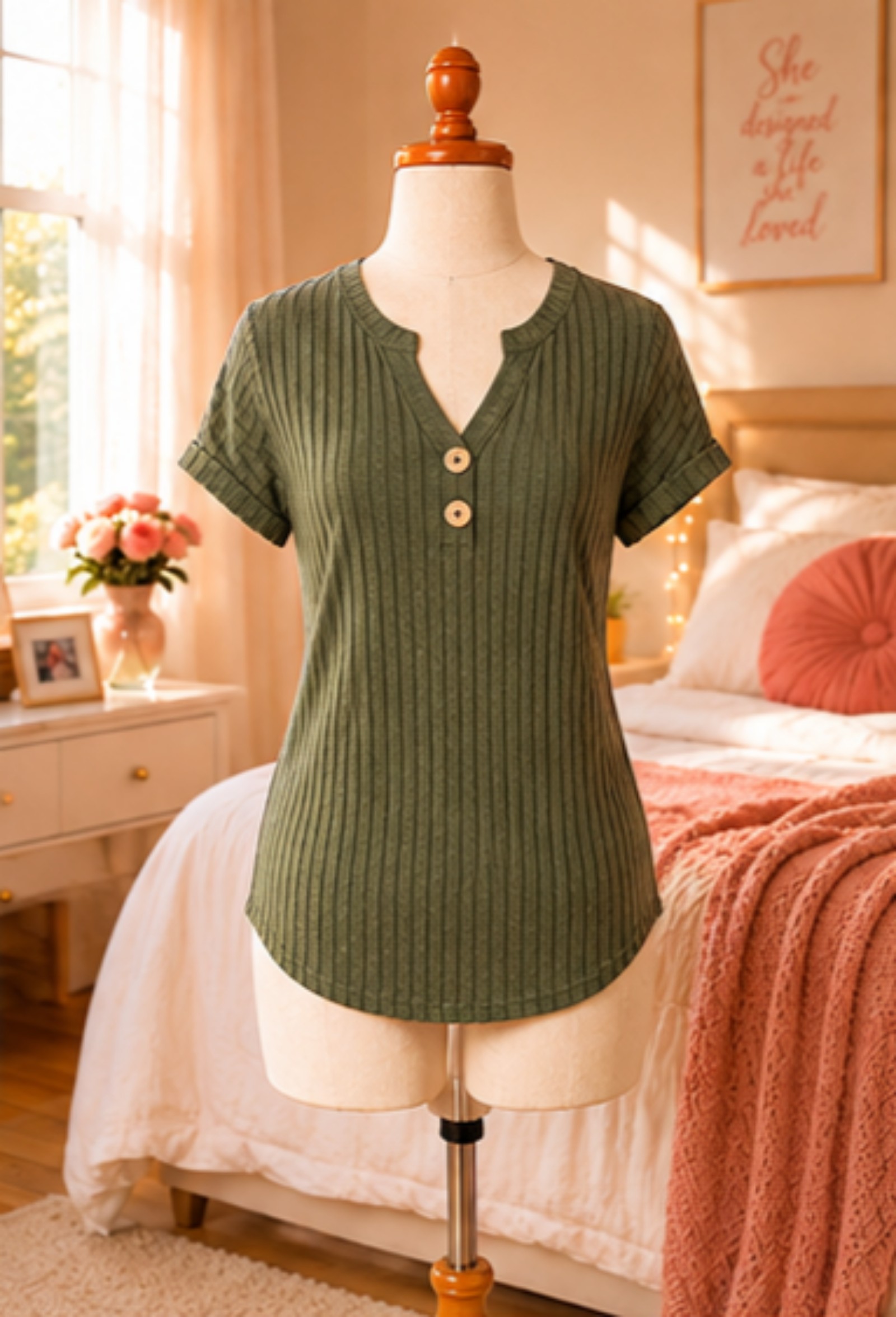 Unbranded Olive Green Ribbed Short Sleeve Top Medium Button Detail