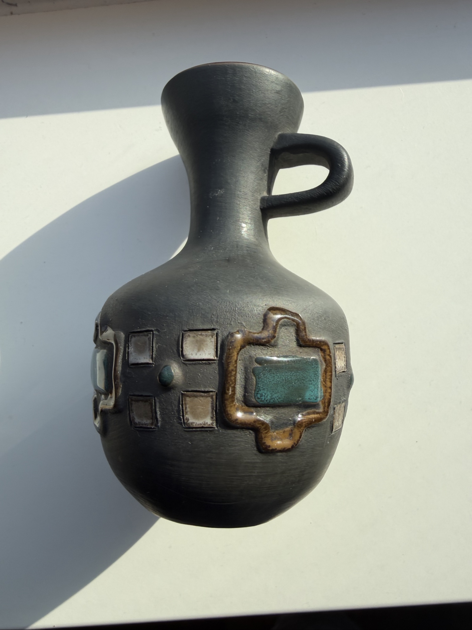 Vintage Black Ceramic Decorative Vase Blue & Brown Accents Other