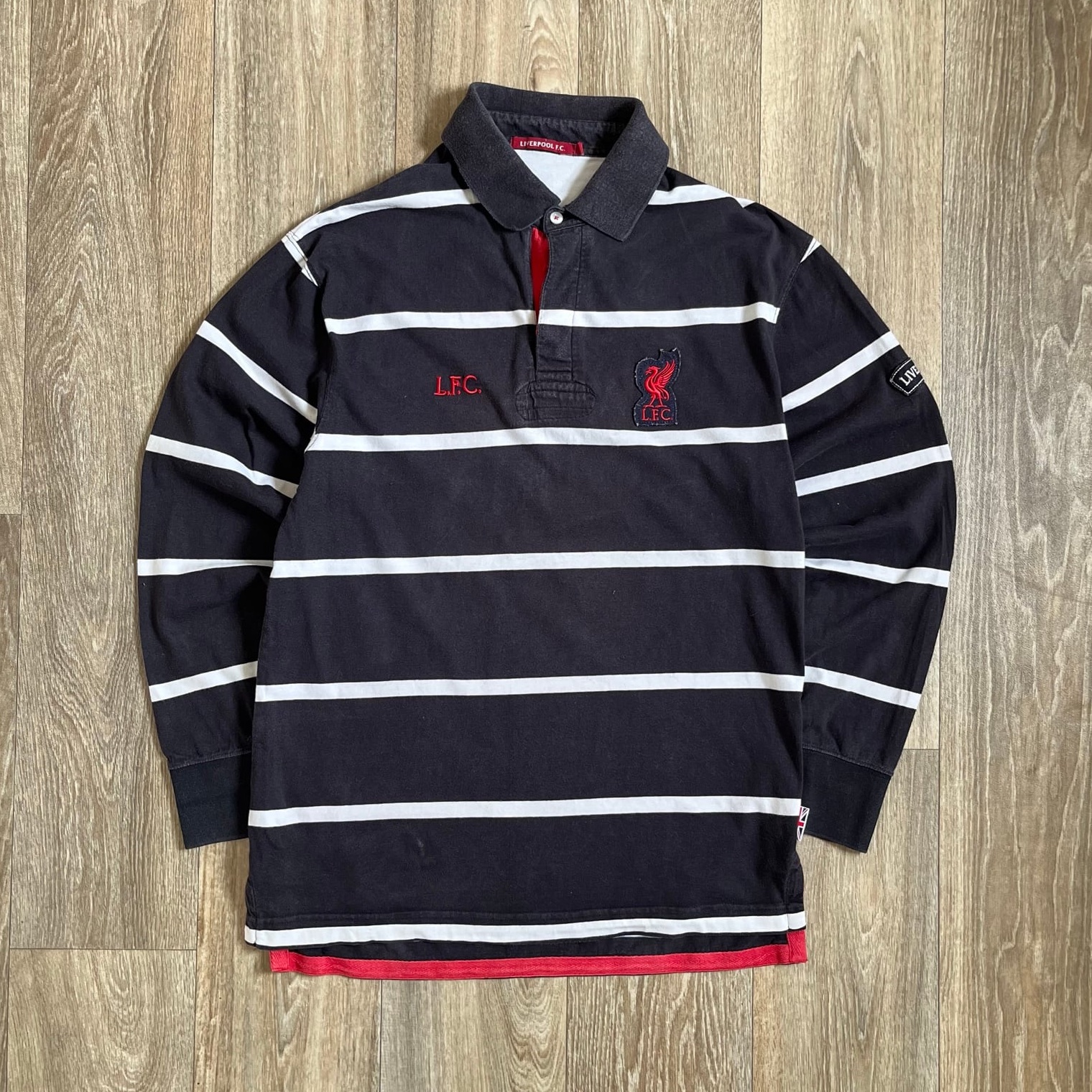 Vintage Liverpool FC Black & White Striped Rugby Shirt Mens Small Embroidered Football Logo
