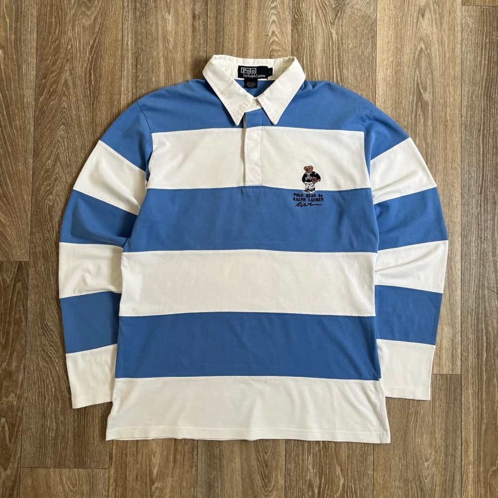 Vintage Ralph Lauren Polo Bear Blue & White Striped Rugby Shirt Mens Large 90s