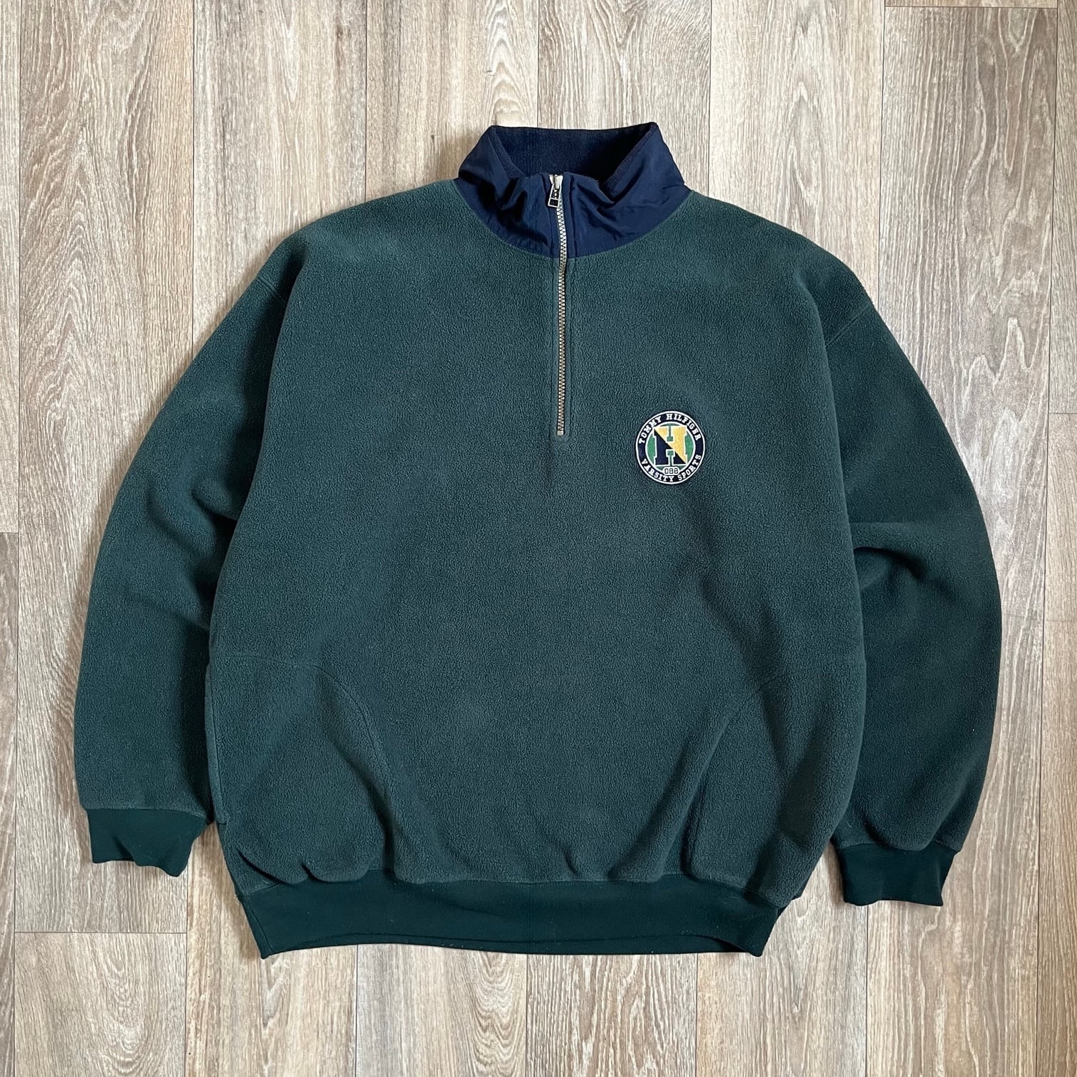 Vintage Tommy Hilfiger Green Varsity Fleece Sweater Mens XL Preppy 90s