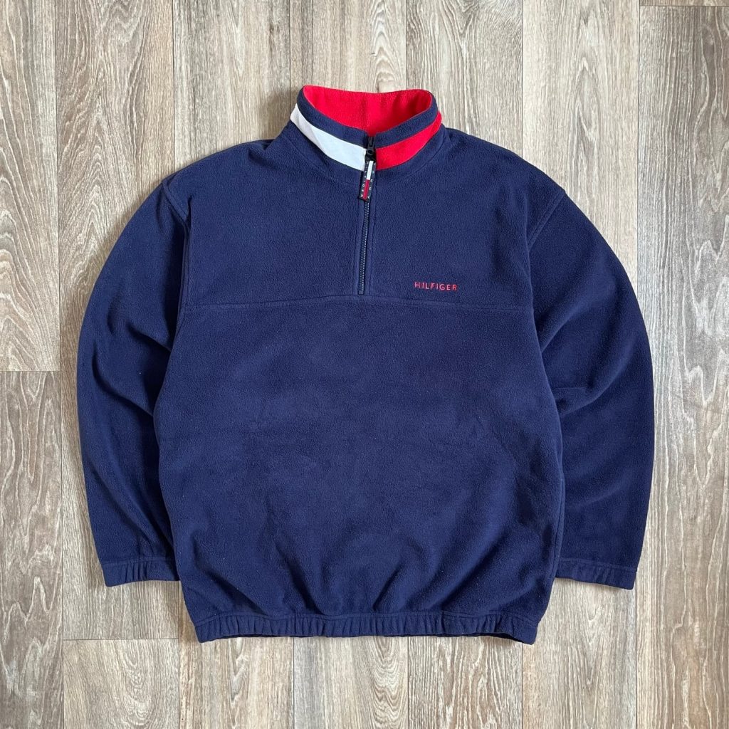 Vintage Tommy Hilfiger Navy Quarter Zip Fleece Sweatshirt Mens Large 90s Preppy