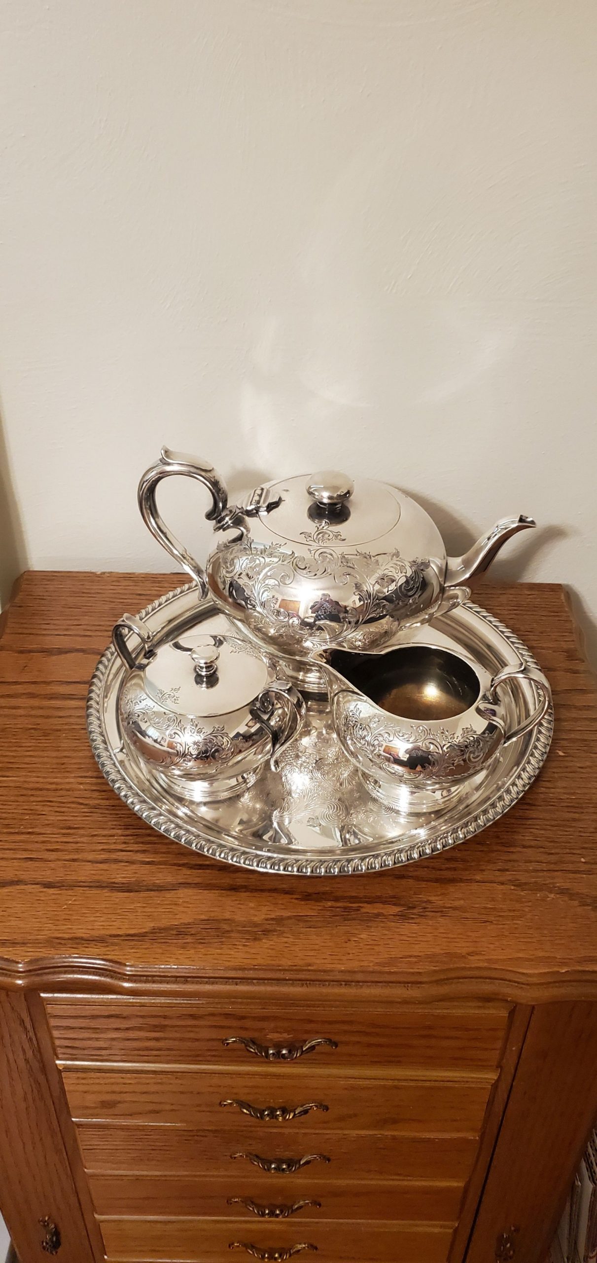 Silver Floral Engraved Tea Set with Tray