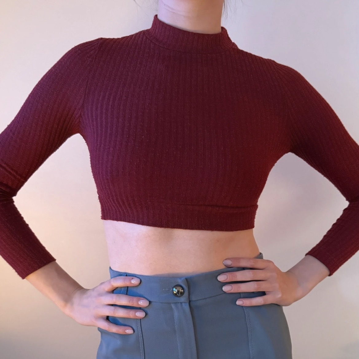 Shein Bordeaux Haut Court Dos Nu à Manches Longues XS