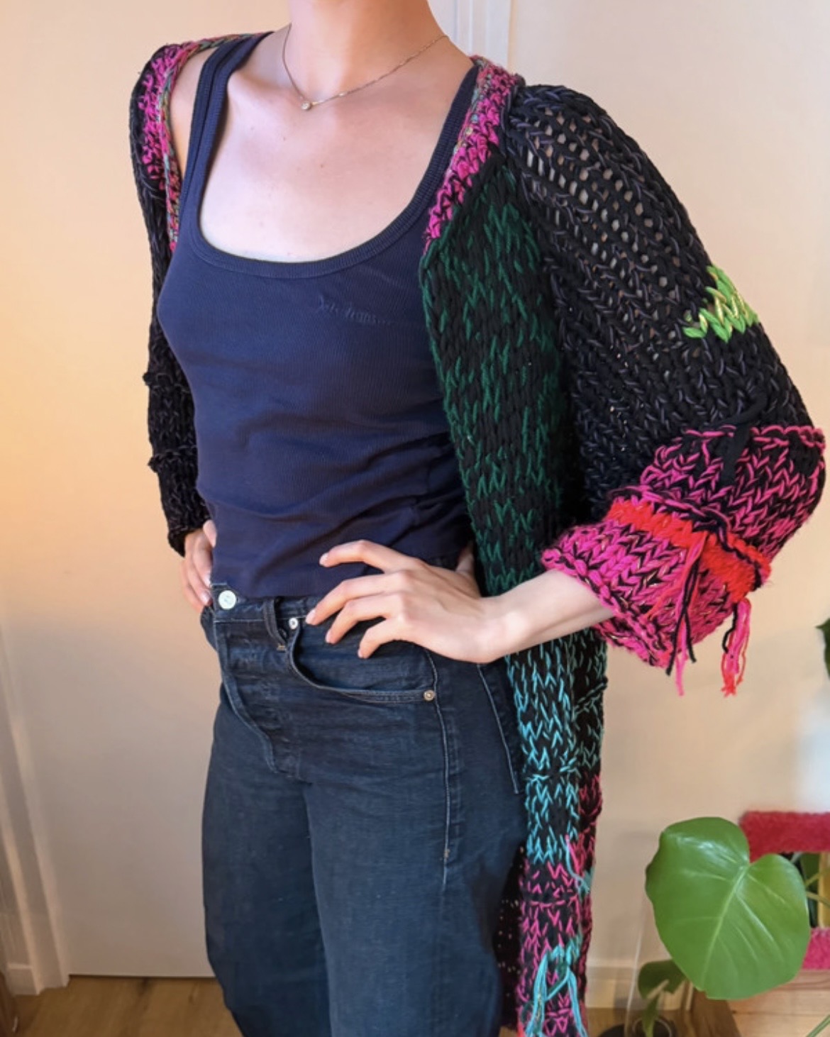 Gilet Tricoté Multicolore Oversize Taille Unique Style Bohème