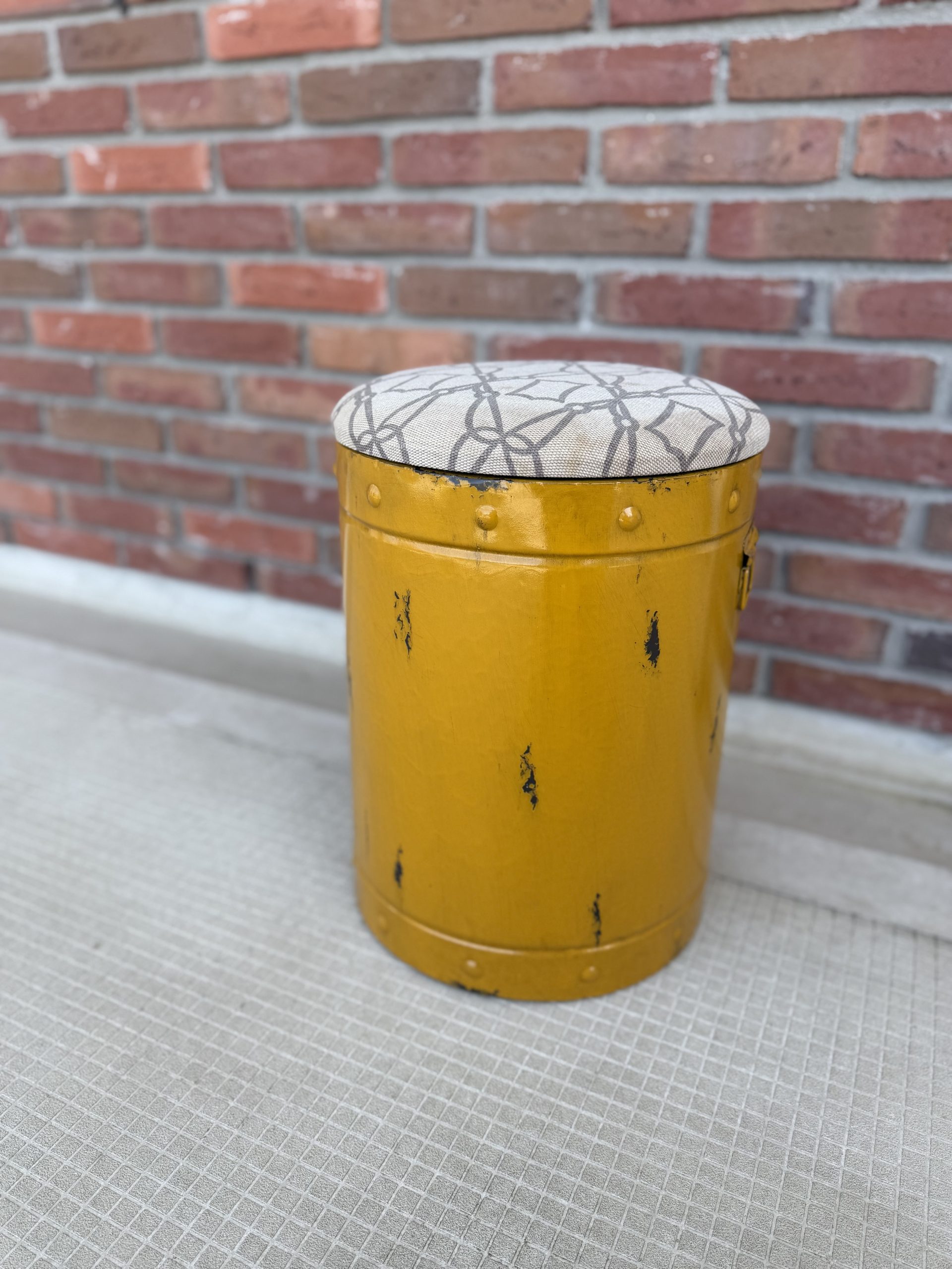 Yellow Retro Industrial Metal Stool with Patterned Fabric Seat
