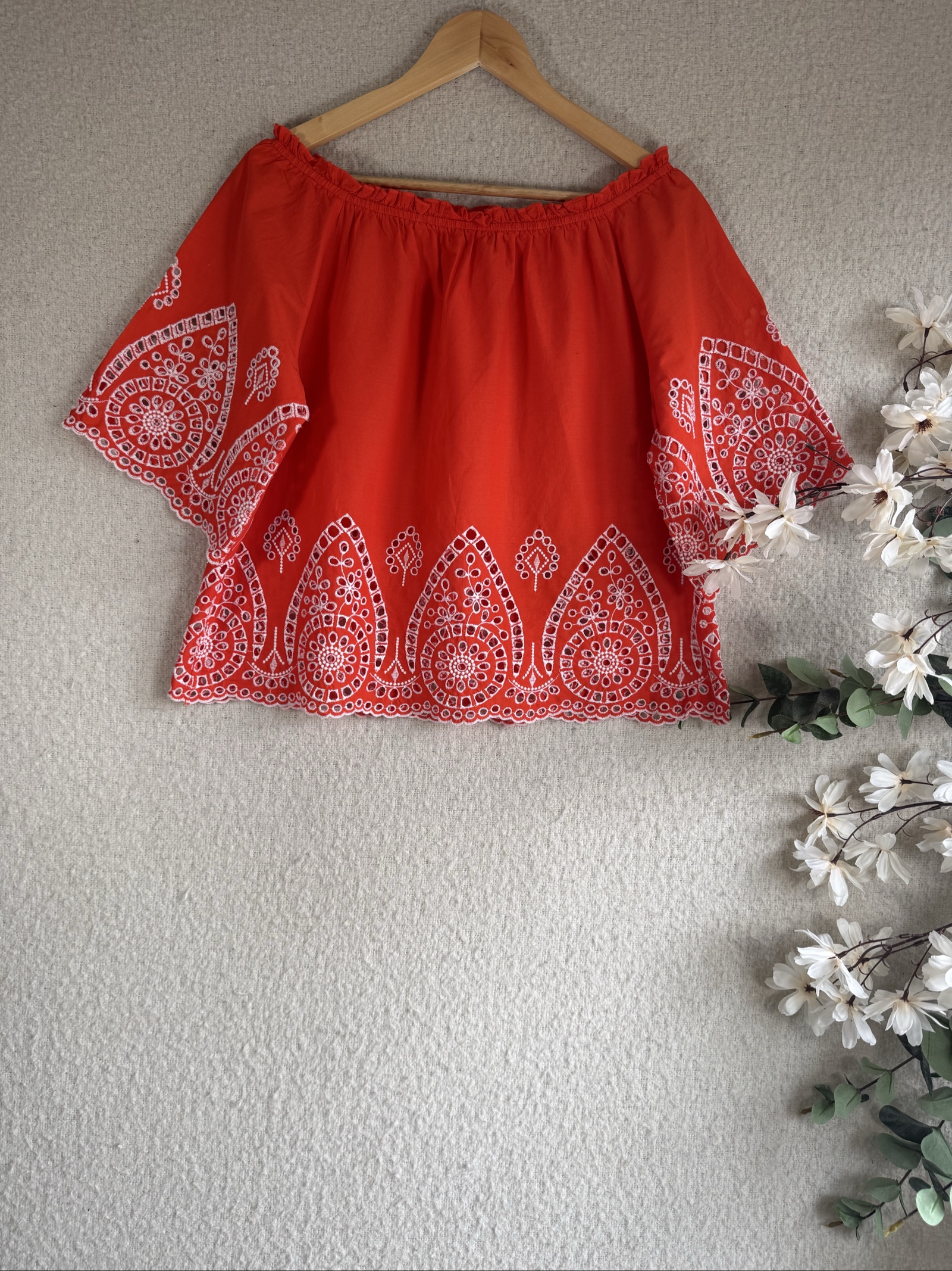 Tu Orange Cotton Embroidered Off Shoulder Top UK 12 Boho Summer Casual