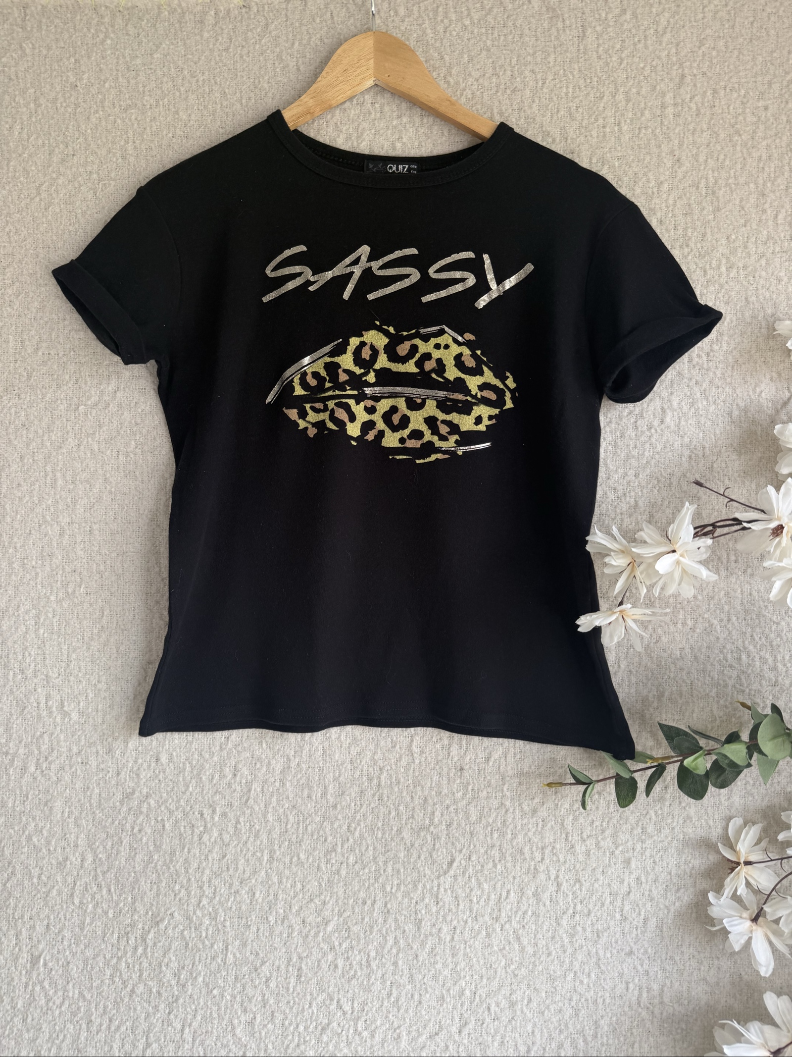 Quiz Black Cotton T-Shirt UK 12 Sassy Graphic Print Casual Top