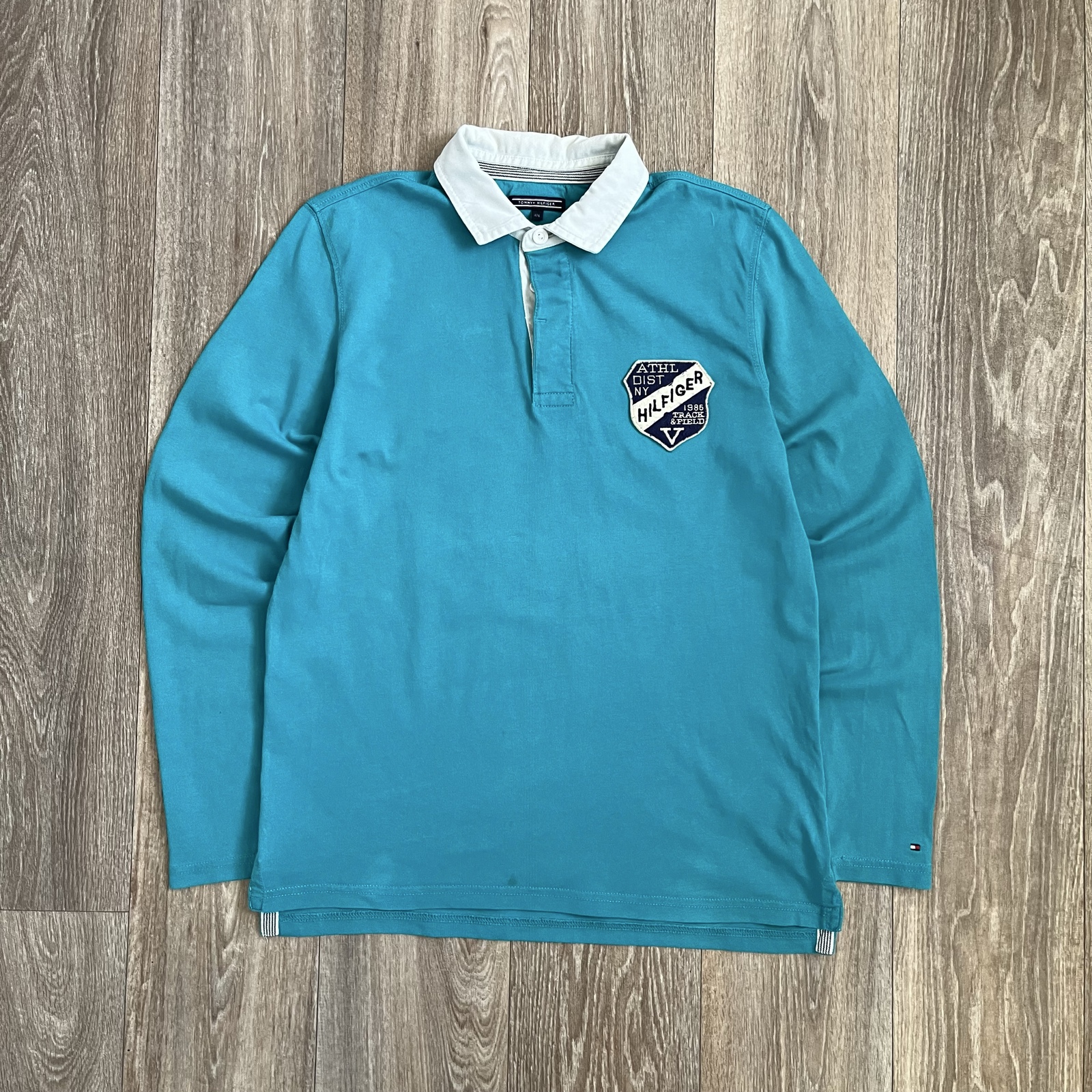 Vintage Tommy Hilfiger Blue Rugby Shirt Mens L Patch Preppy