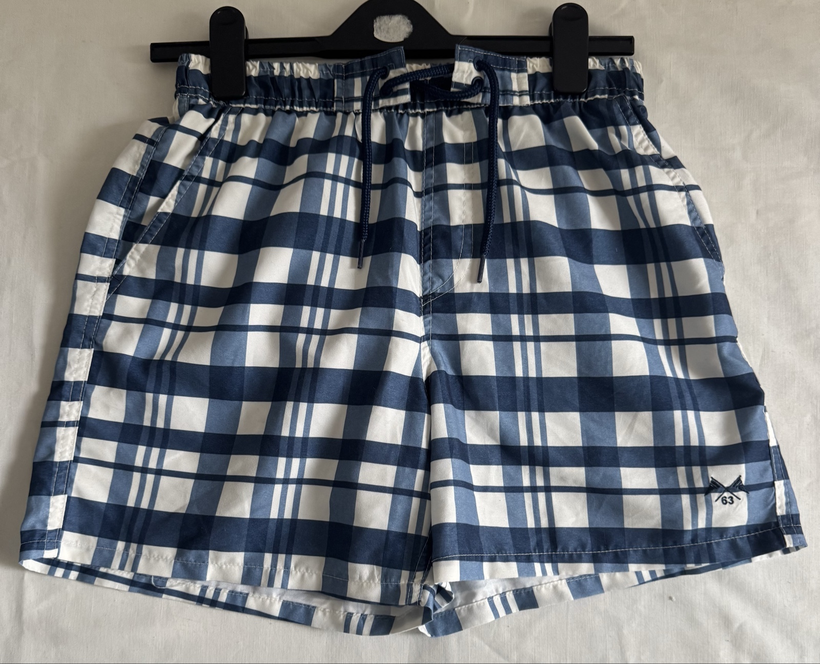 Unbranded Blue & White Plaid Swim Shorts Medium Adjustable Waist