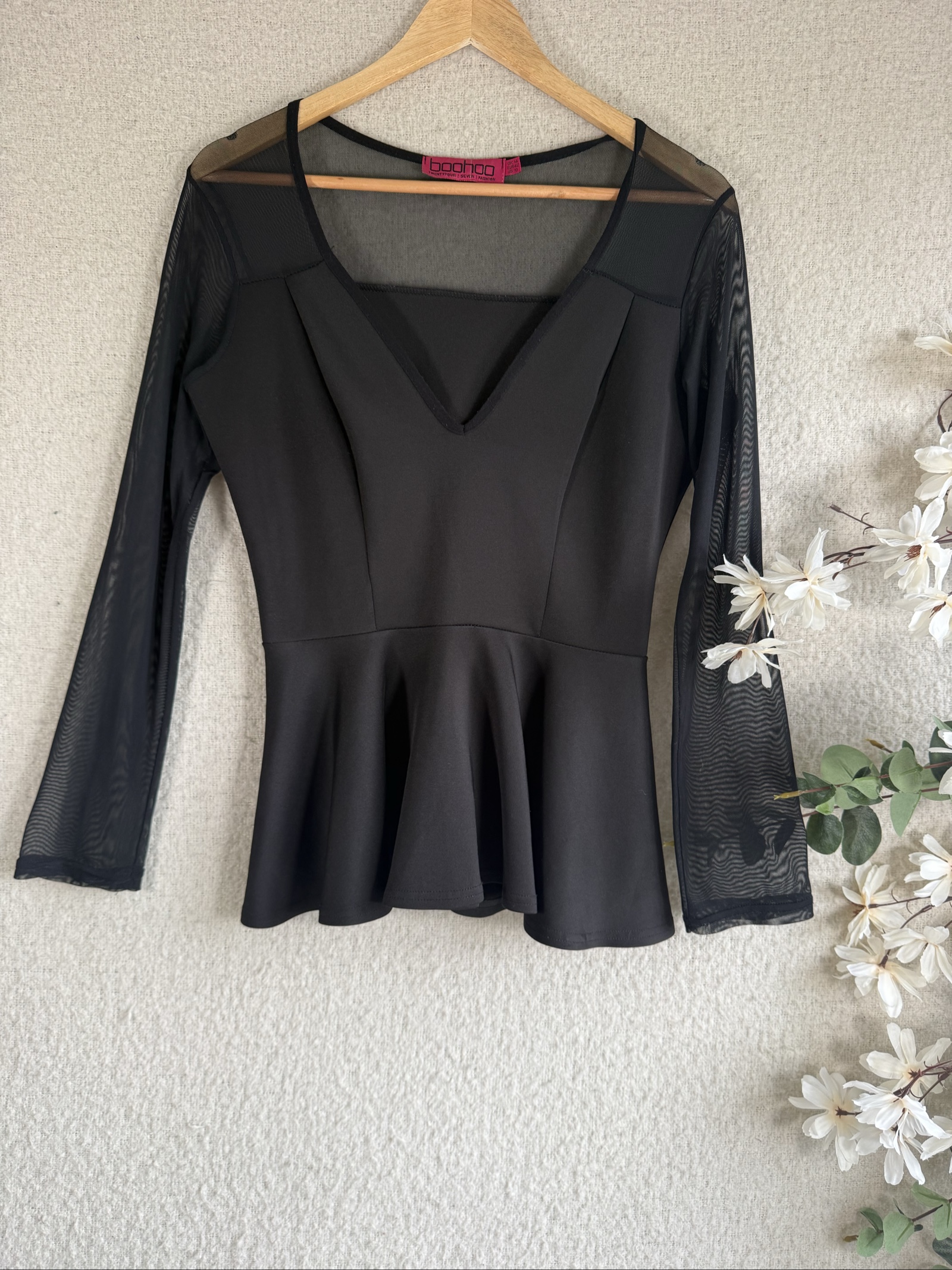 Boohoo Black Mesh Sleeve Peplum Top UK 14 Feminine Chic Party Blouse