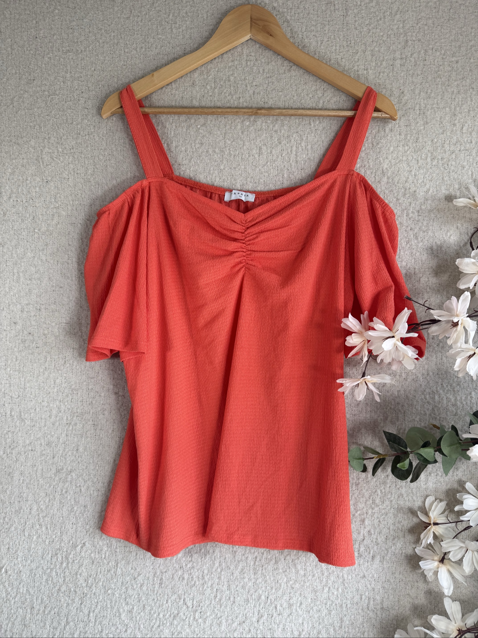 Papaya Orange Textured Cold Shoulder Summer Top Women UK 14 Polyester Blend