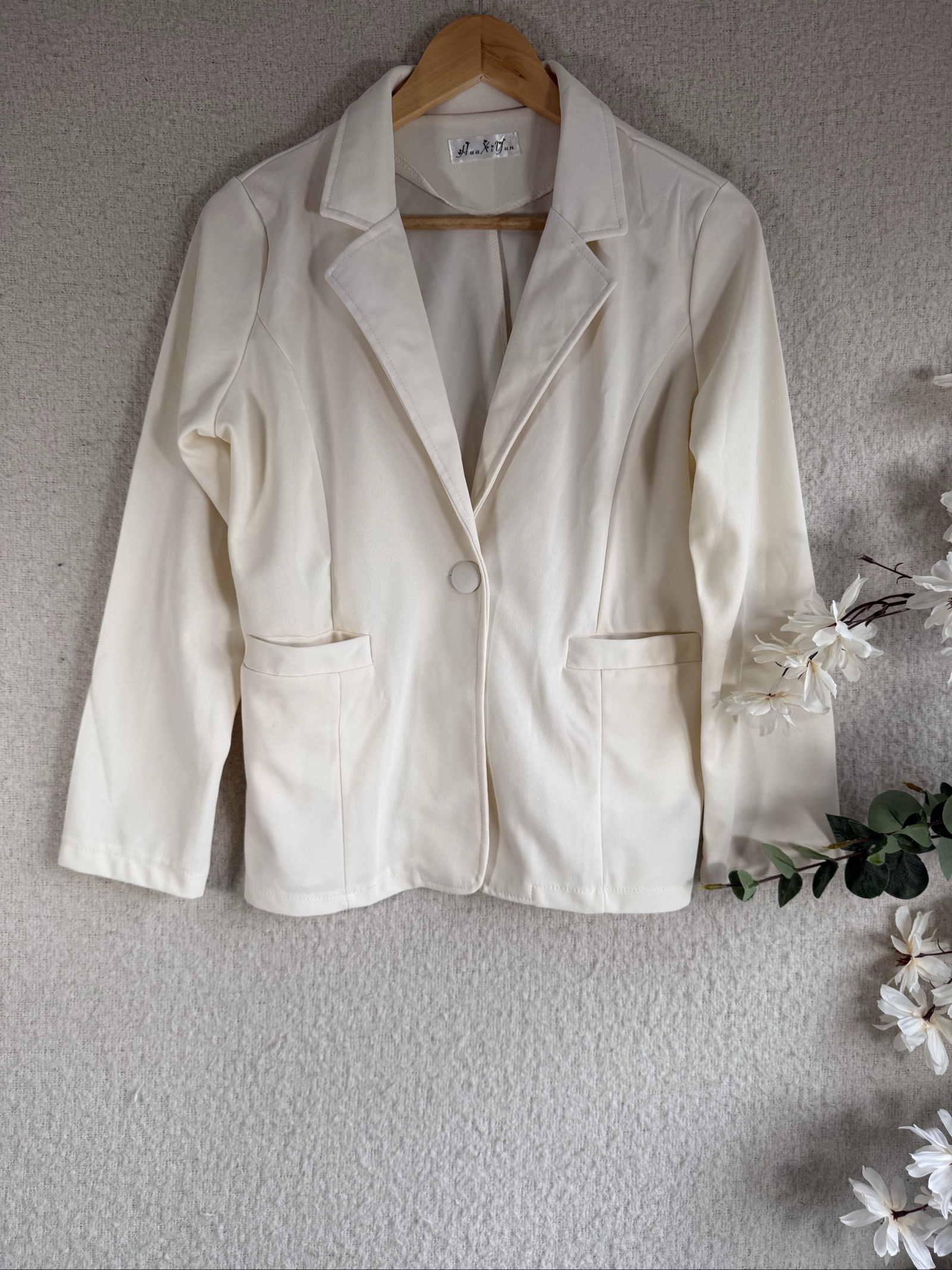 HuaXiYun Cream Cotton Blazer Jacket UK Small Classic Chic Workwear