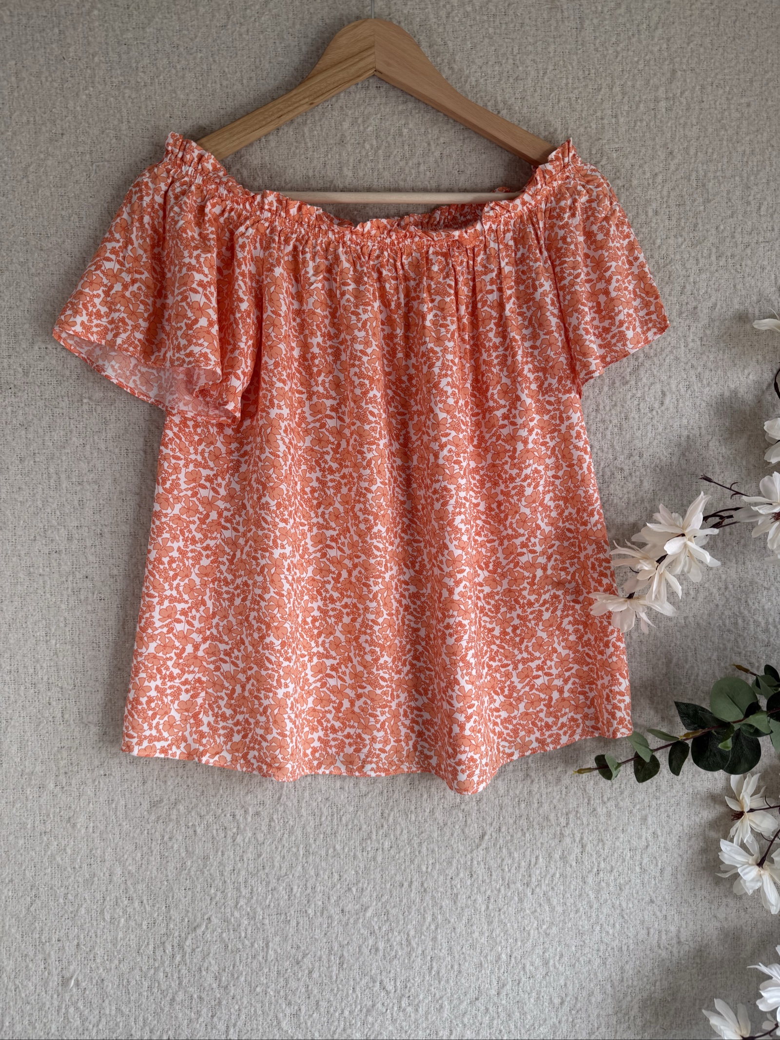 Papaya Orange Floral Viscose Off Shoulder Blouse UK 8 Summer Casual Top