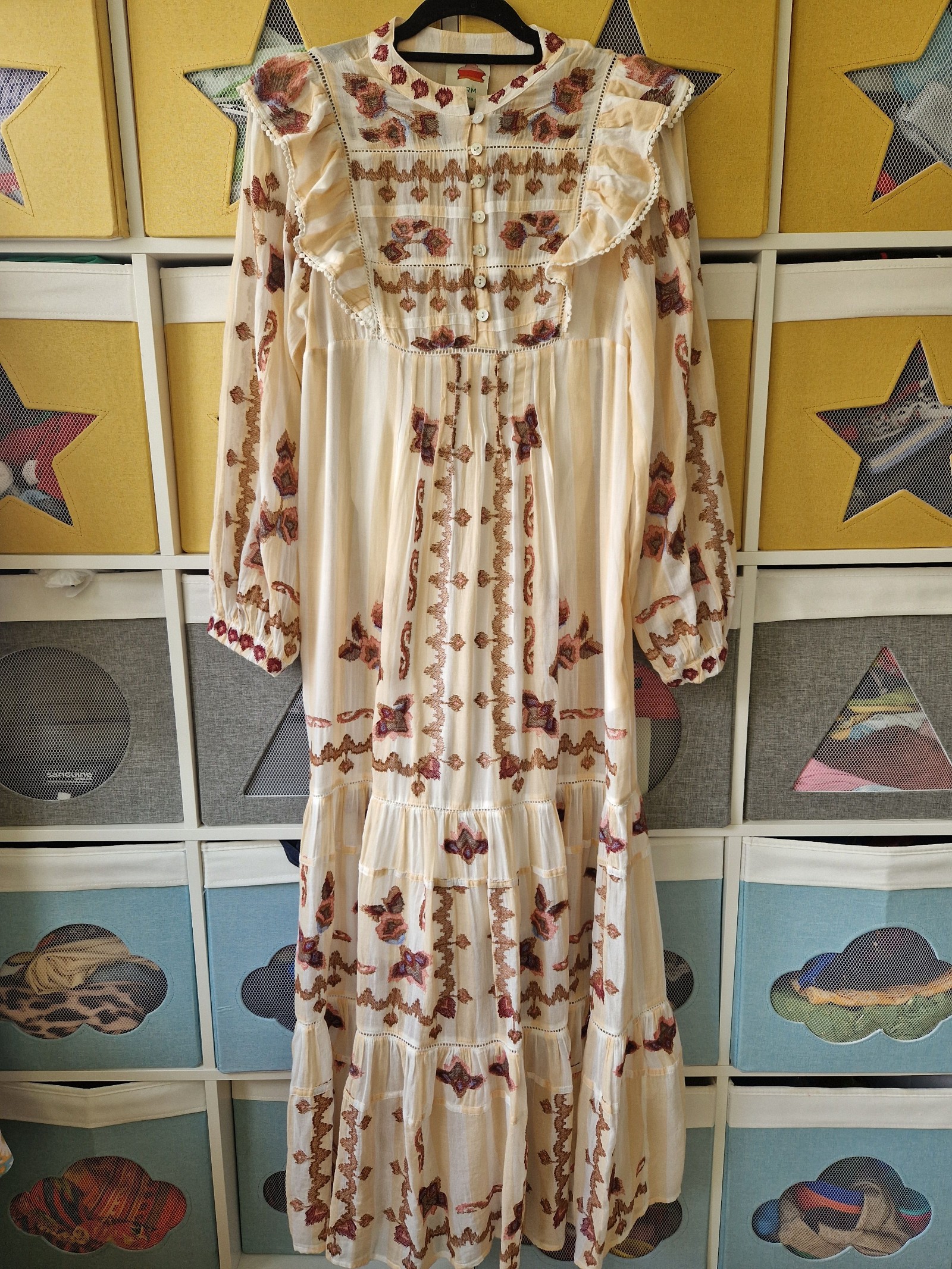 Unbranded Cream & Brown Floral Print Long Sleeve Maxi Dress M