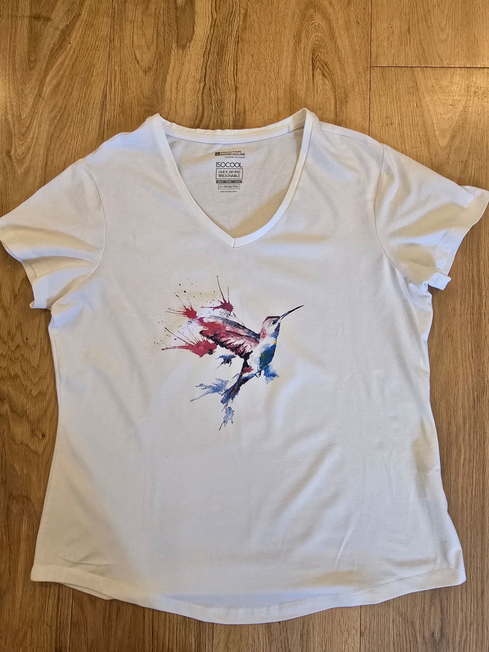Mountain Warehouse White Hummingbird Print V-Neck T-Shirt UK 16